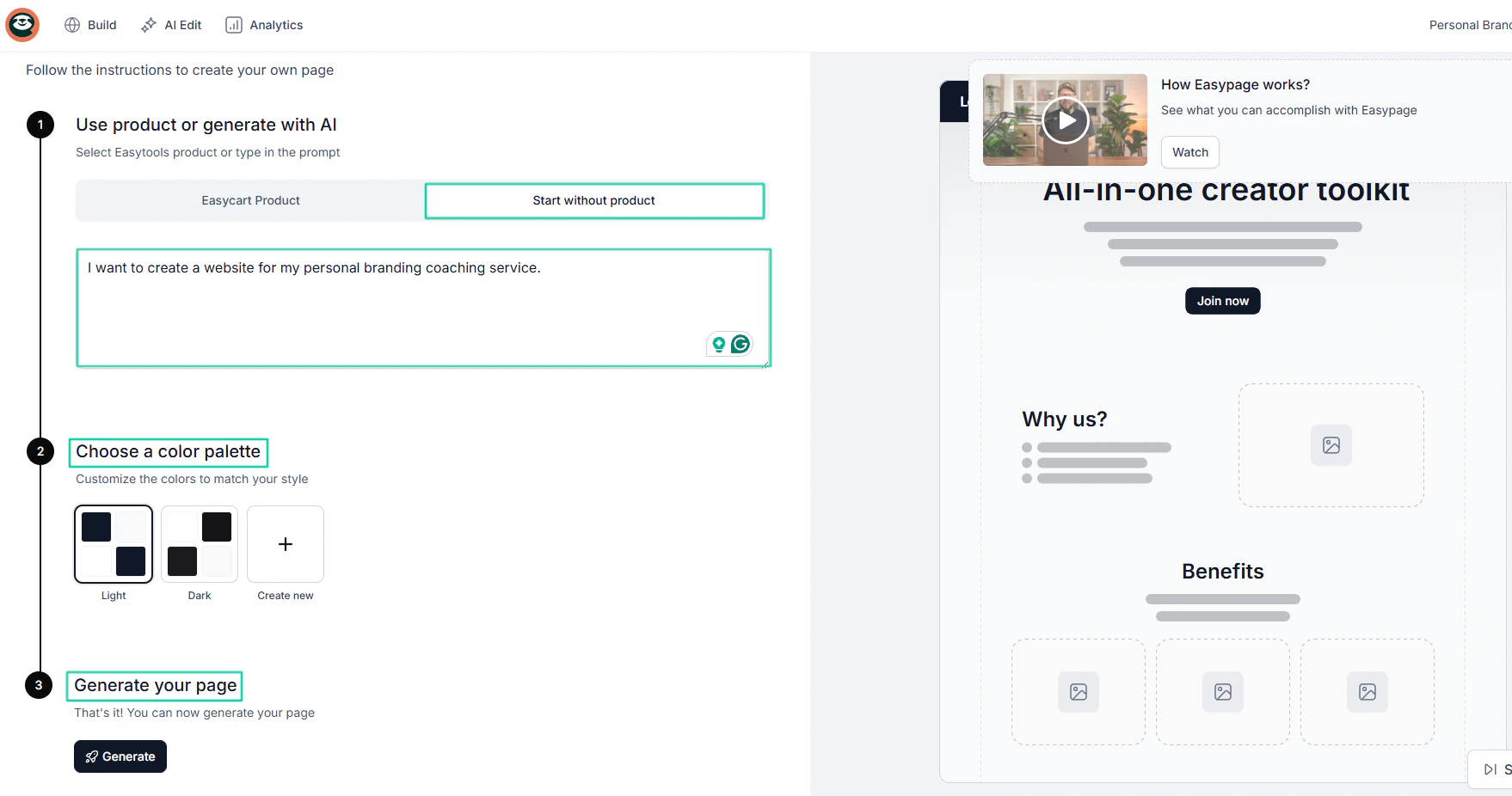 You choose a color palette and click “Generate.”