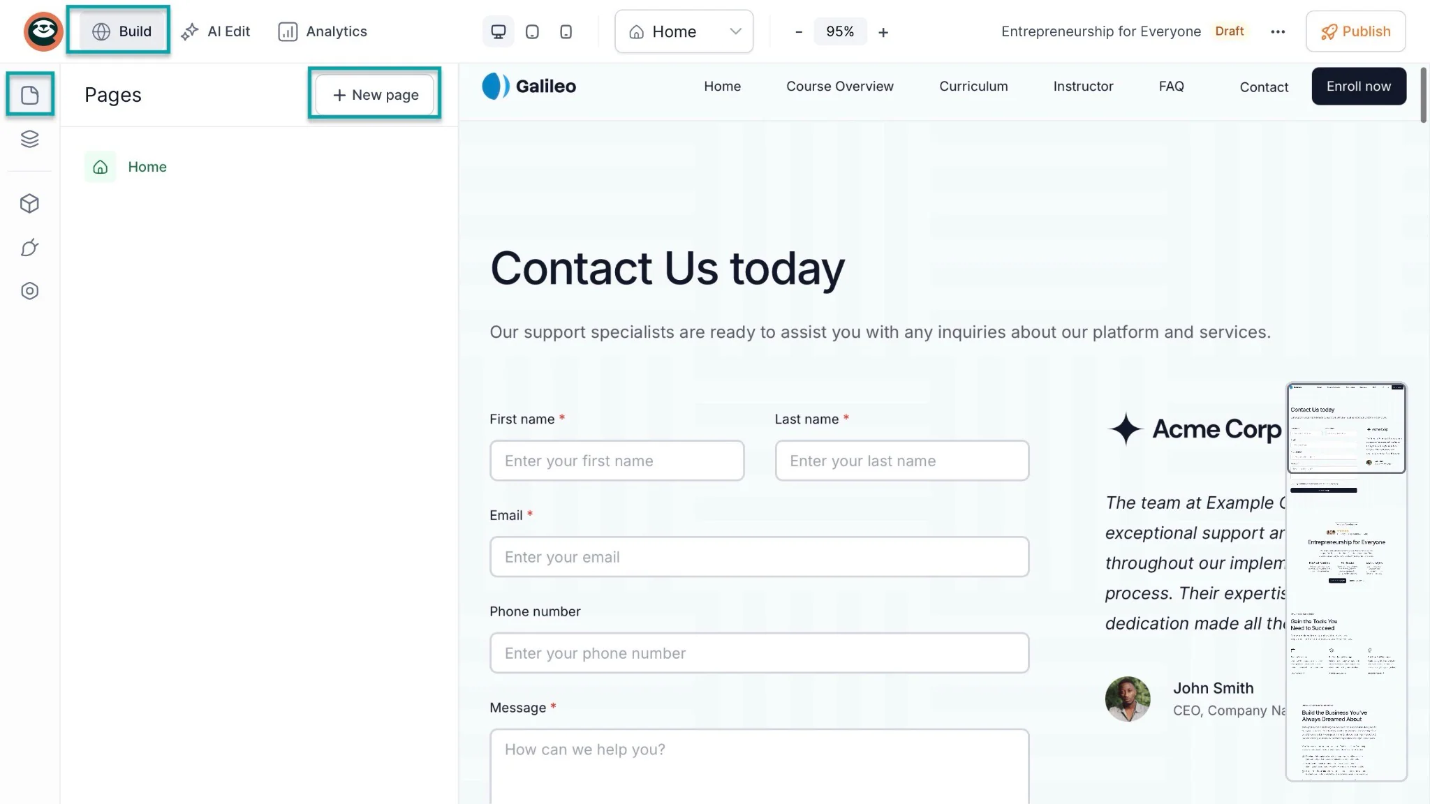 Easytools: websites showing “+ New page” — course builder