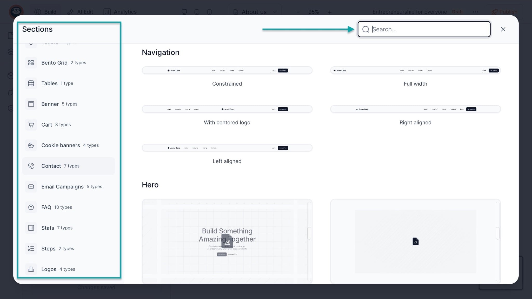 Easytools: You can also use the search bar to find sections to add.