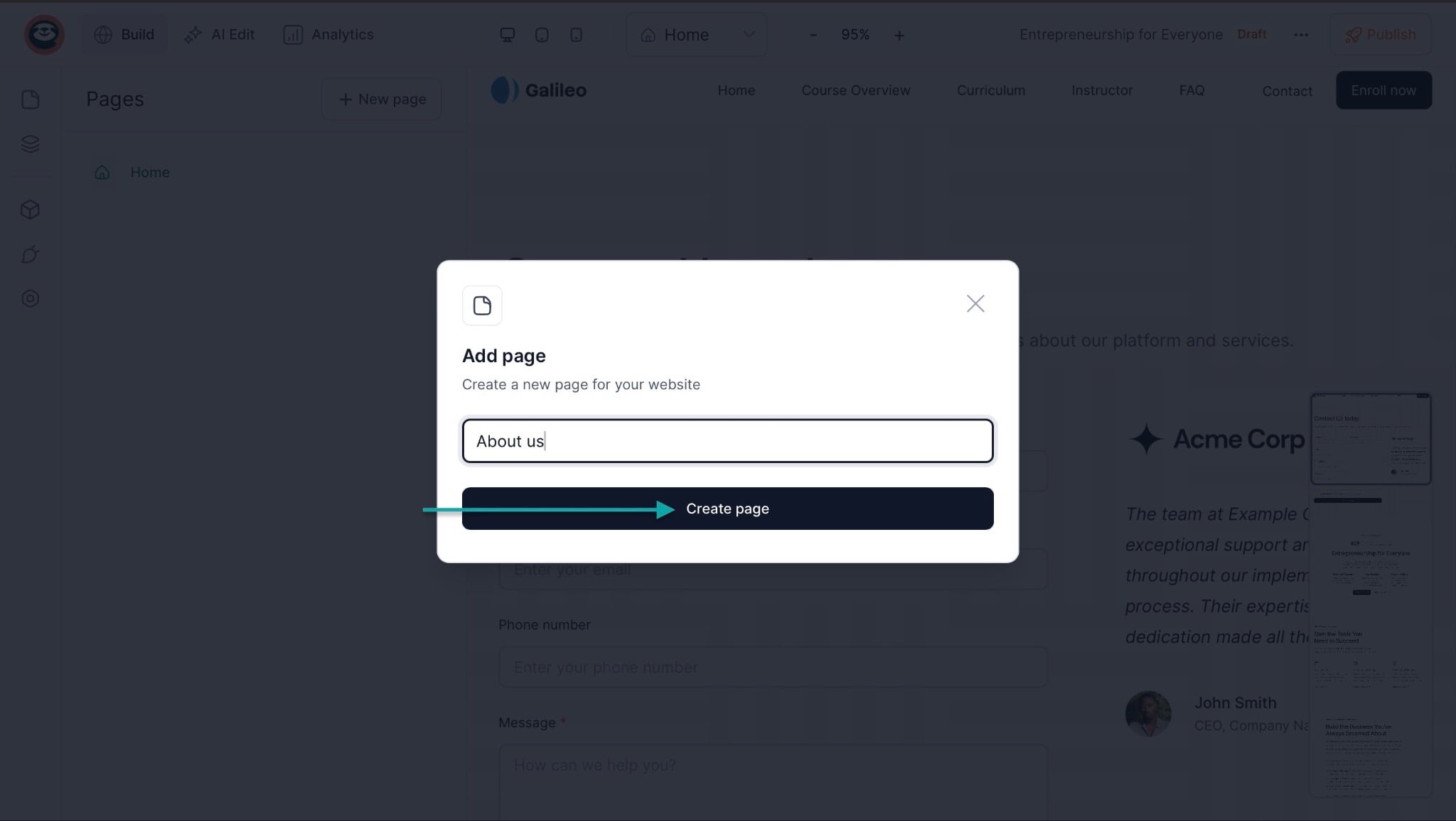 Easytools: In the pop-up window, name your course and click “Create page. You can then add more sections to the new page by clicking “+ New section” or sel