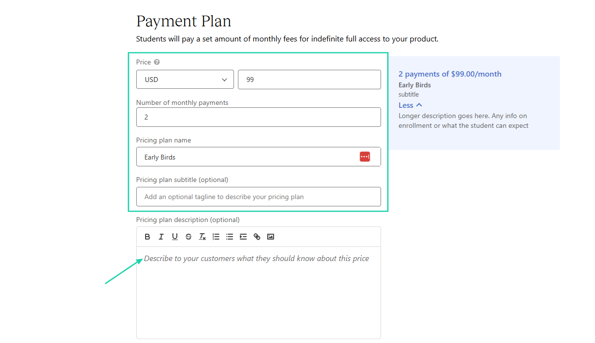 Teachable: You can also add a description below for your customers.