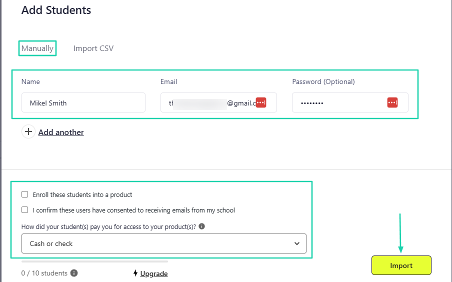 The platform lets you add your own students either manually or through CSV.
