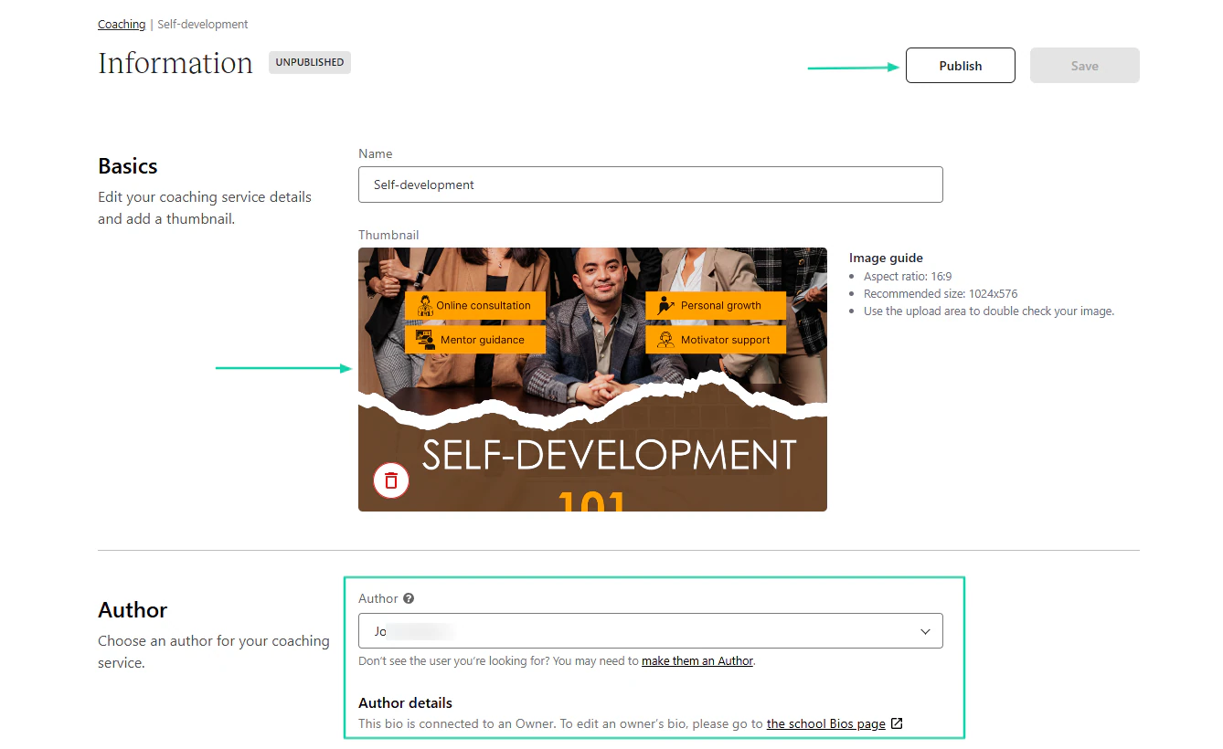 Before you publish your coaching offer, you’ll need to add your details as a coach alongside a thumbnail.