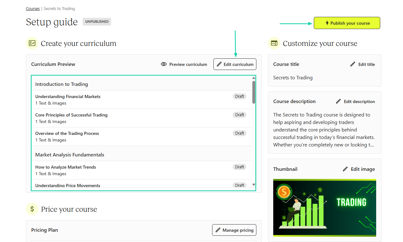 Teachable: course builder screenshot