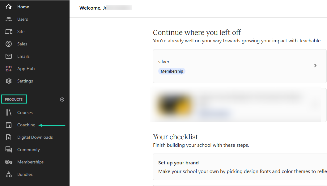 Teachable: coaching showing “Products” — course builder