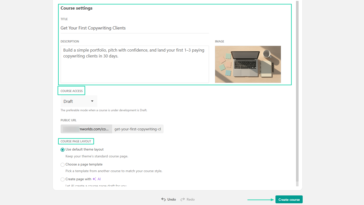 LearnWorlds: courses showing “Create course”