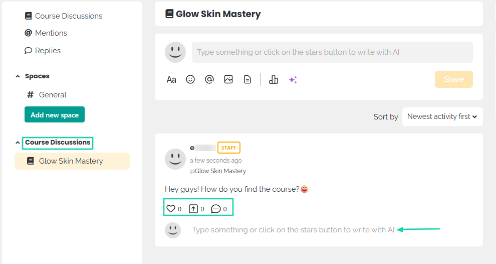 LearnWorlds offers a space for course discussions where students can interact by sharing files, images, or emojis.