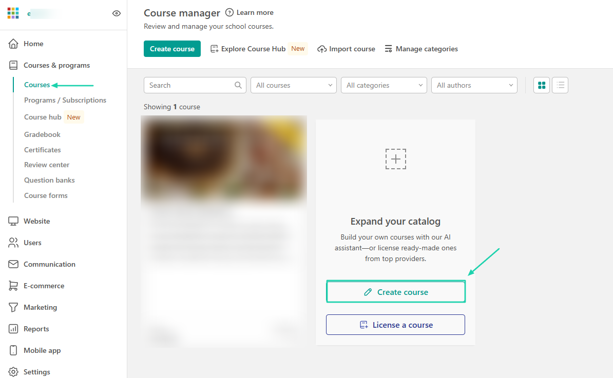 LearnWorlds: courses showing “Courses”