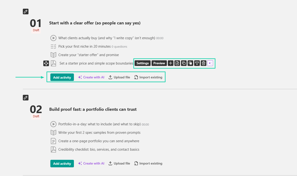 LearnWorlds: course builder screenshot