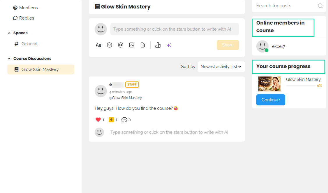 As a member, you can see the other online members in that same course and even your course progress.
