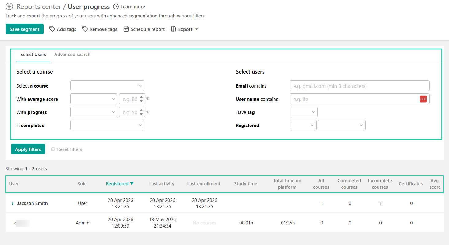 LearnWorlds: You can apply specific filters to search a user report.