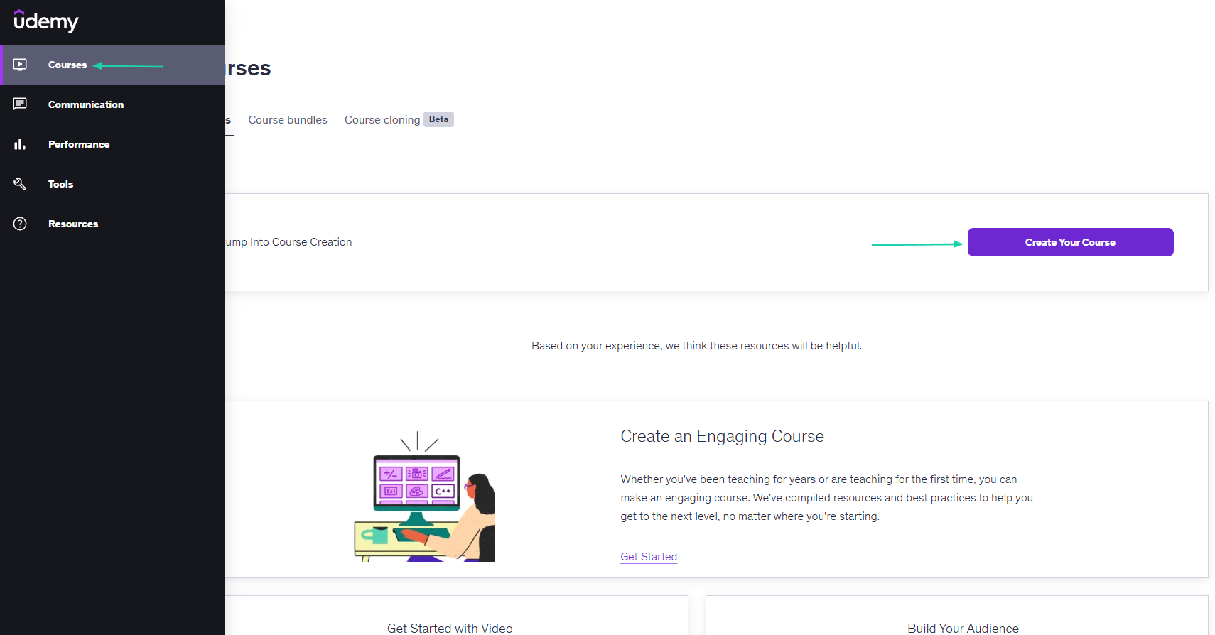 Udemy: courses showing “Courses”