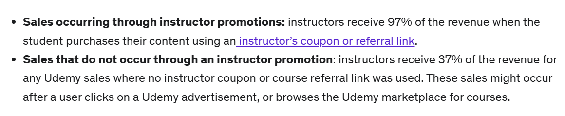 They earn a 37% revenue share when sales come directly through Udemy’s marketplace or ads.
