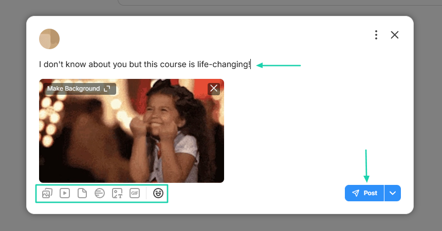 Mighty Networks: You can share posts in your community by adding GIFs and uploading images, videos, or files.