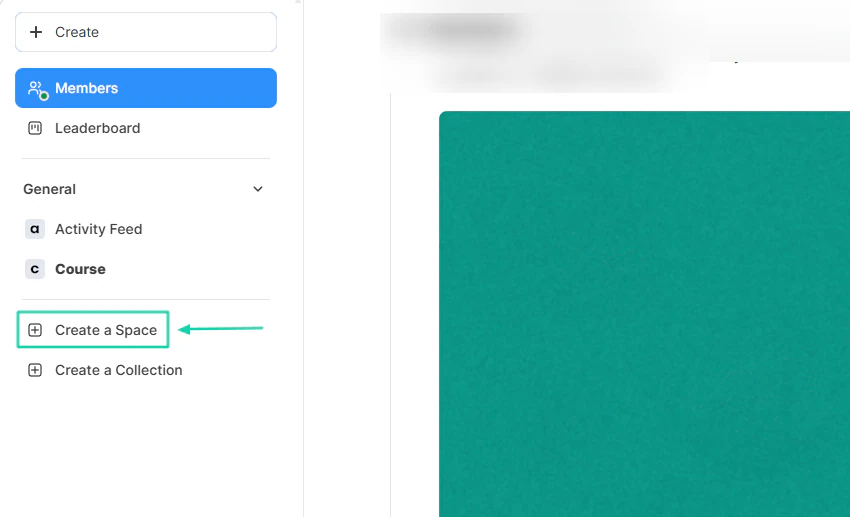 Mighty Networks: spaces showing “Create a Space” — website builder