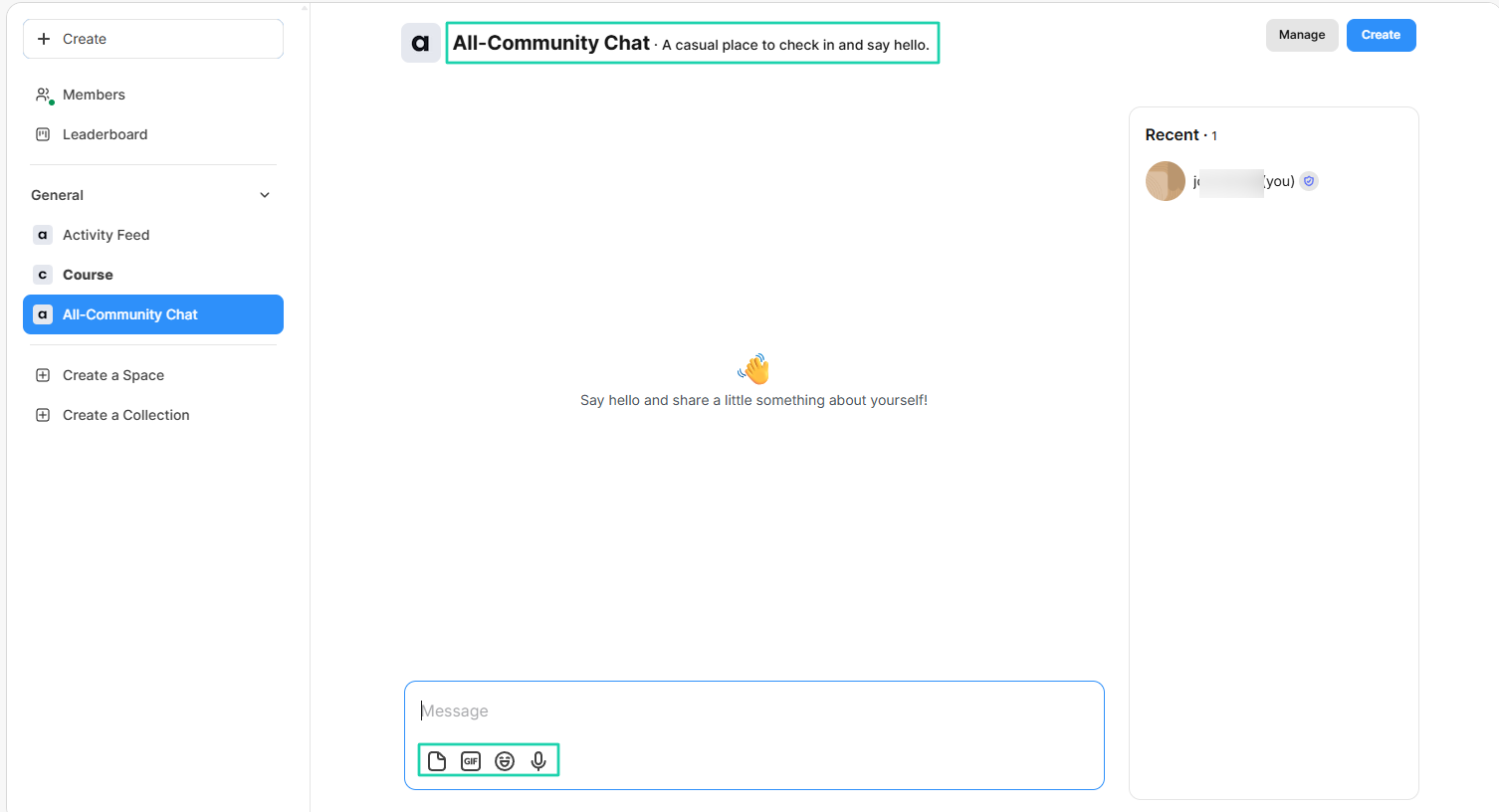 Members can record voice notes, upload files, use GIFs, and use emojis.