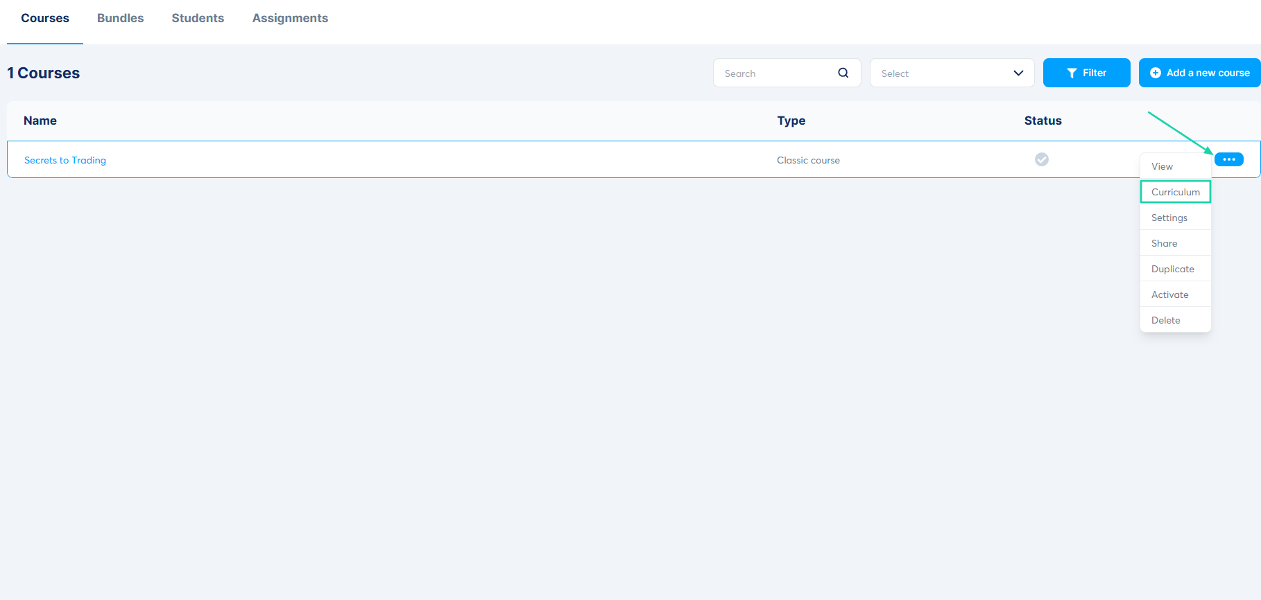 Systeme.io: courses showing “Curriculum”
