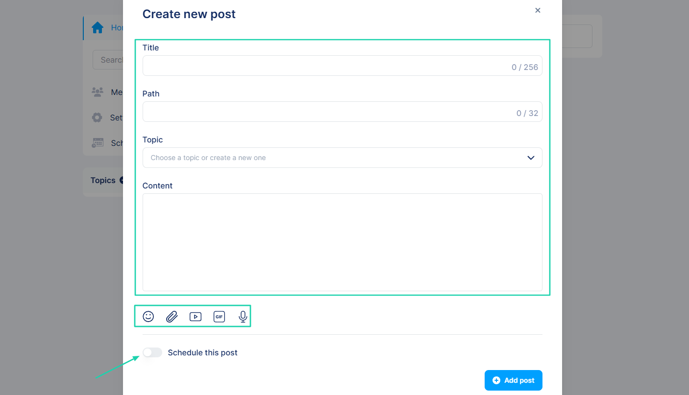 Systeme.io: You can also record audio, add files or videos, and schedule that post for later.