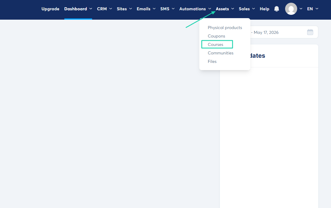 Systeme.io: courses showing “Assets” — website builder