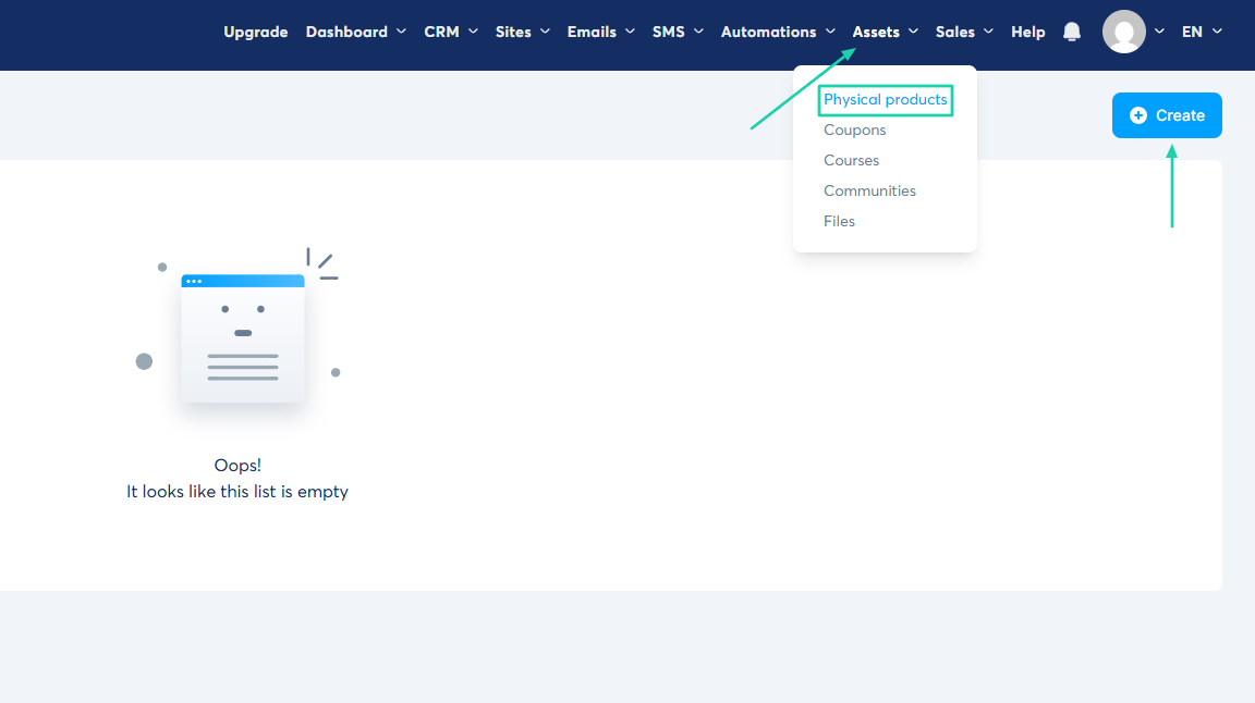 Systeme.io: courses showing “Assets”