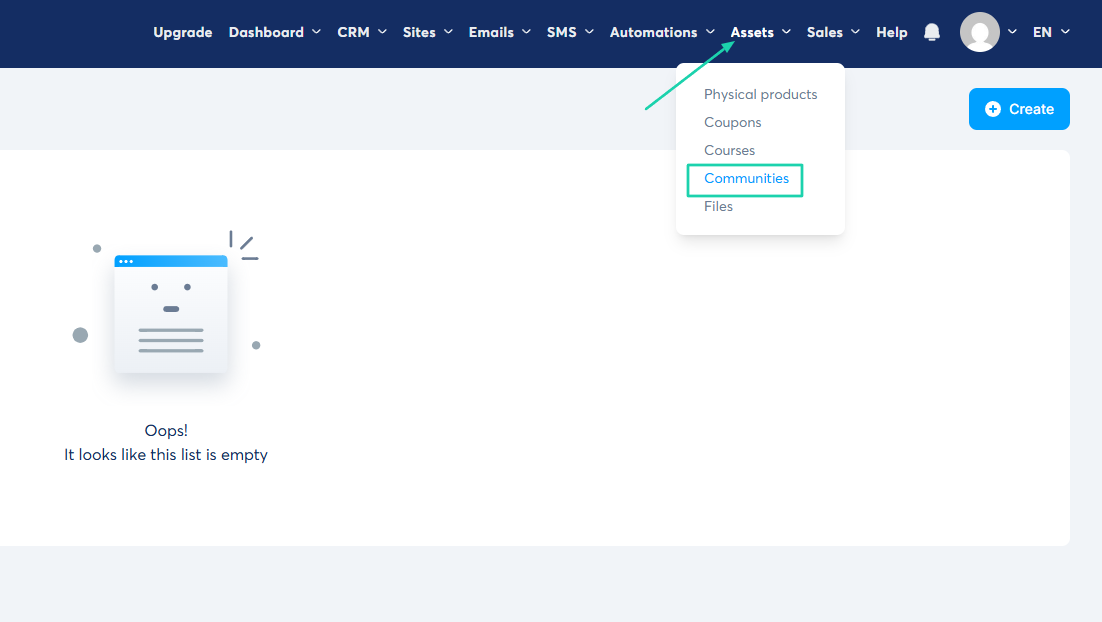 Systeme.io: courses showing “Communities” — membership