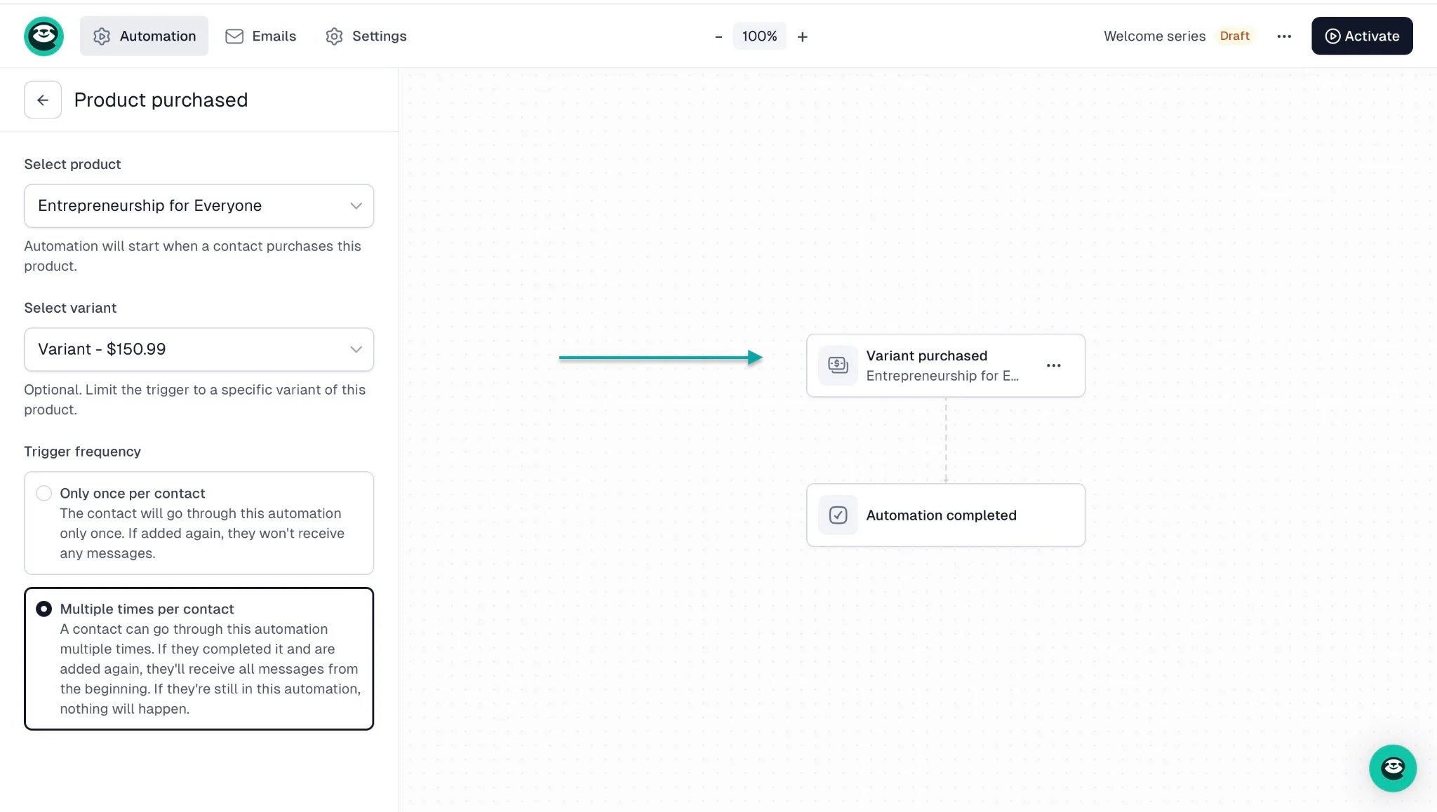 Or set up an automation in the campaigns feature so customers receive an email from you based on a trigger.