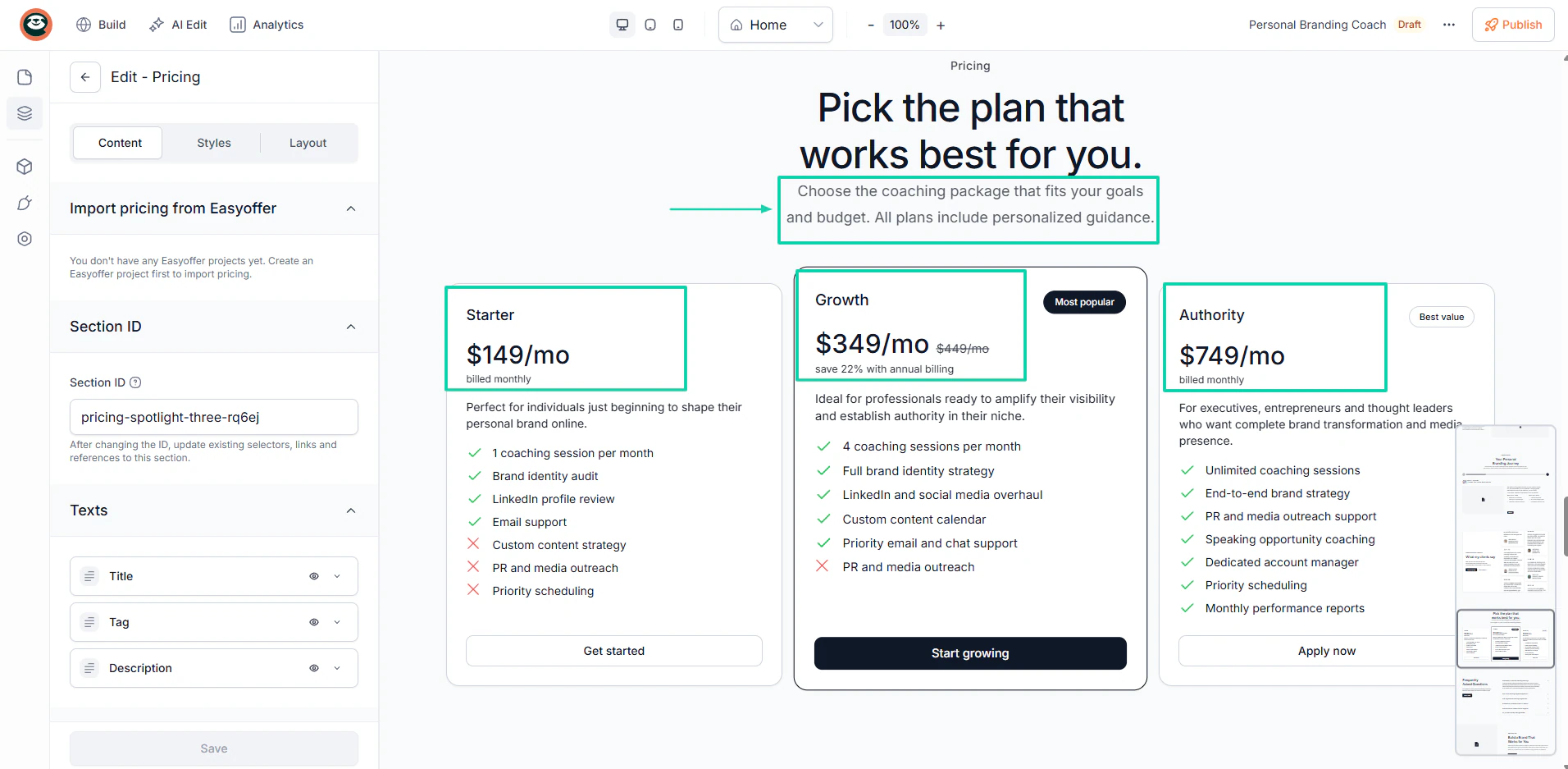 Assess your features: testimonials screenshot — website builder