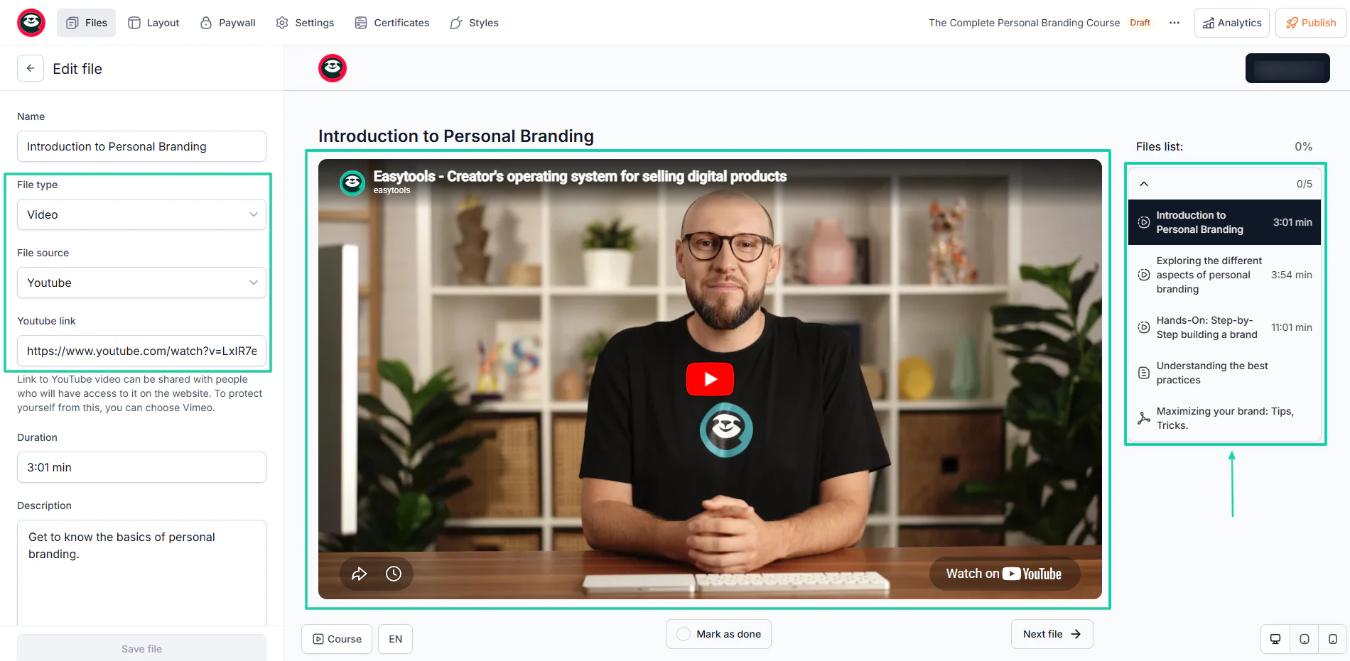 Assess your features: course builder screenshot