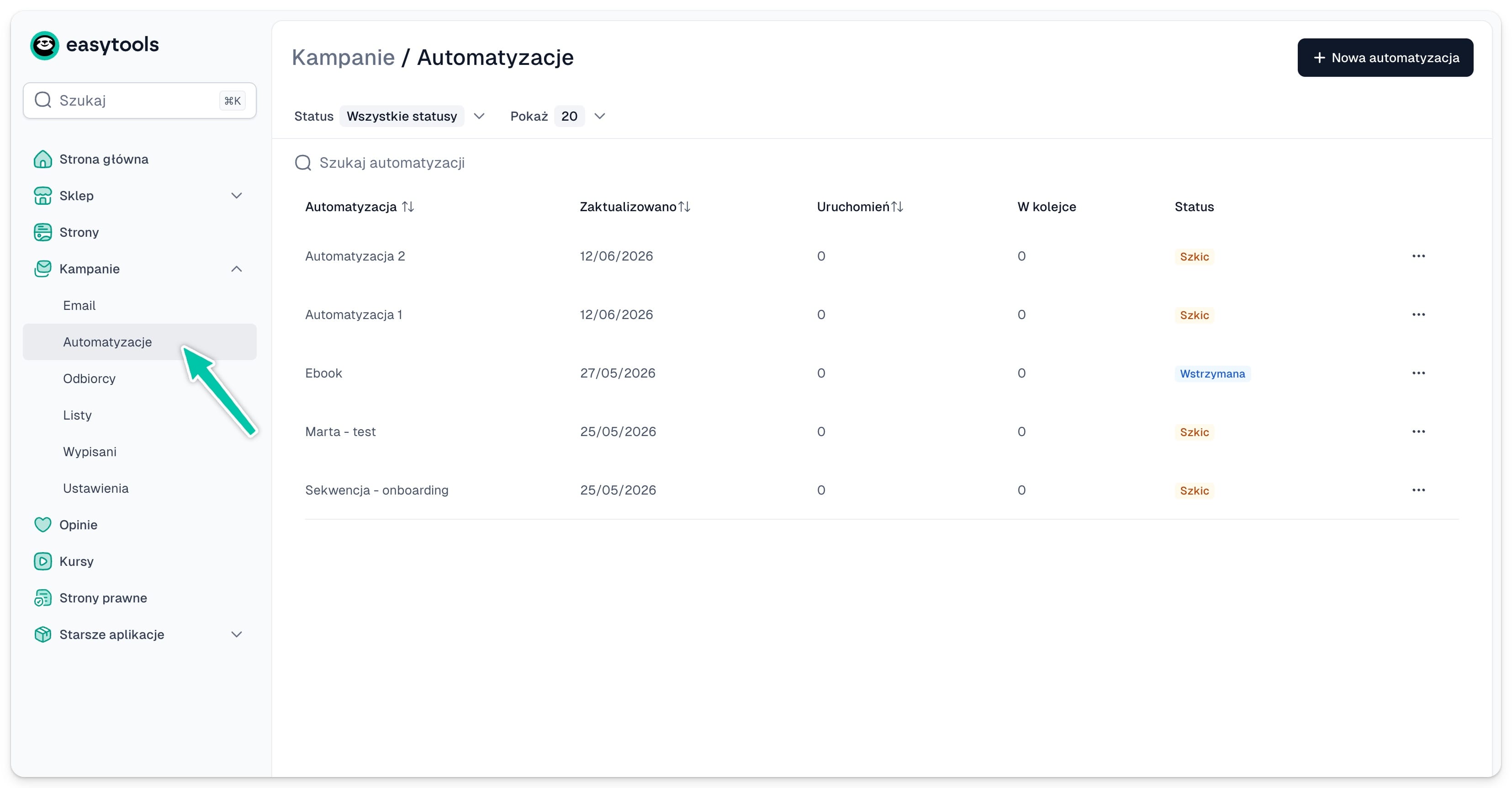 Panel Automatyzacje w Easymail