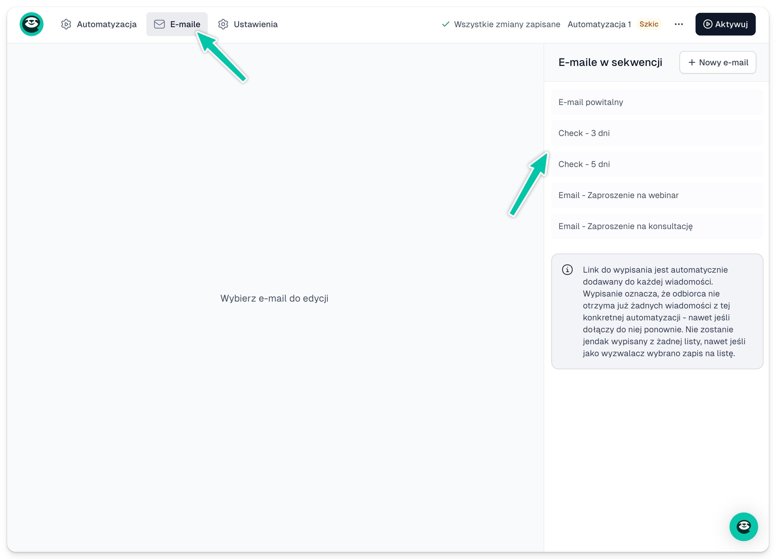 Zakładka Emaile w Easymail z listą emaili automatycznej sekwencji