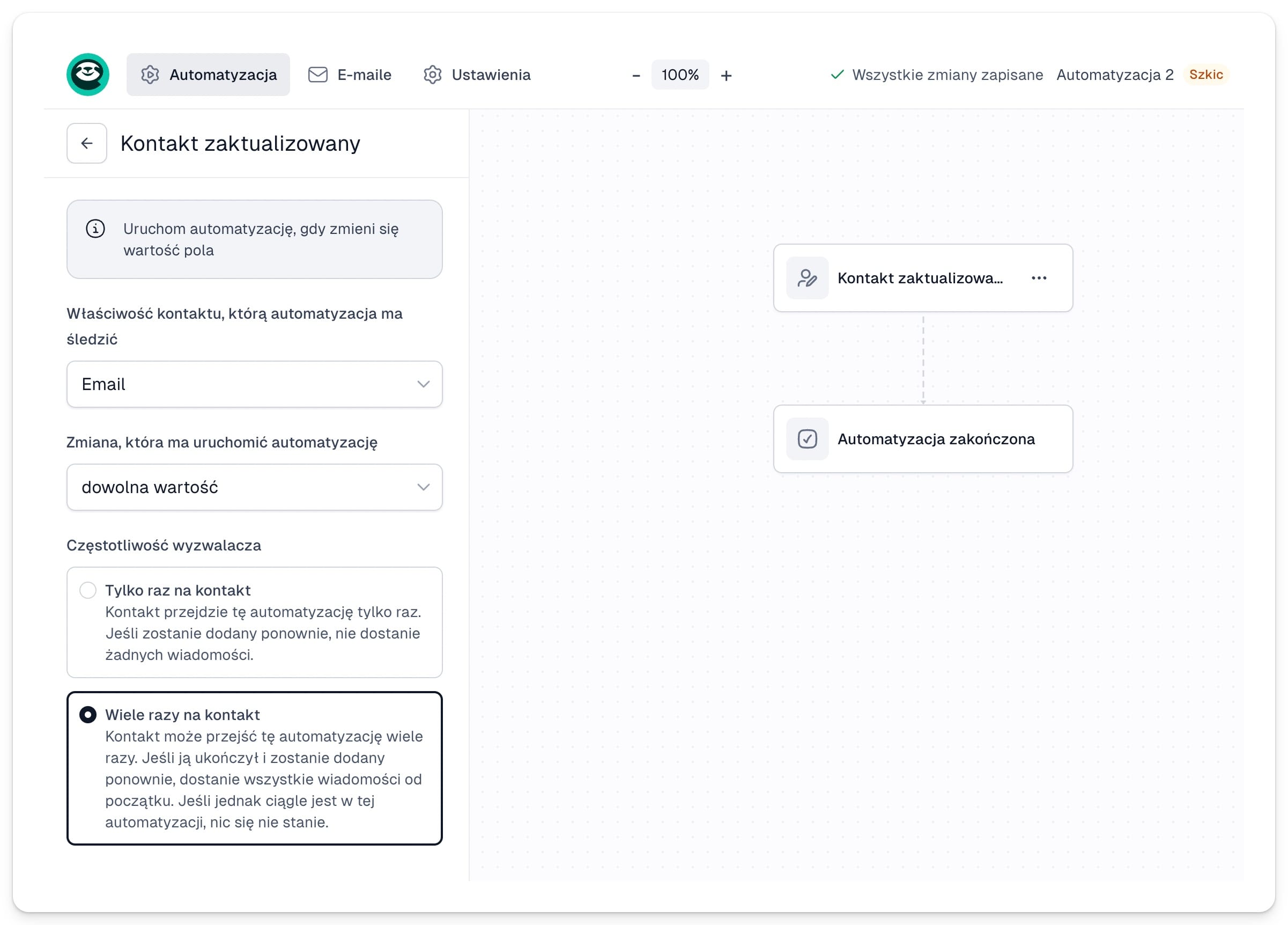 Ustawienia wyzwalacza Kontakt zaktualizowany
