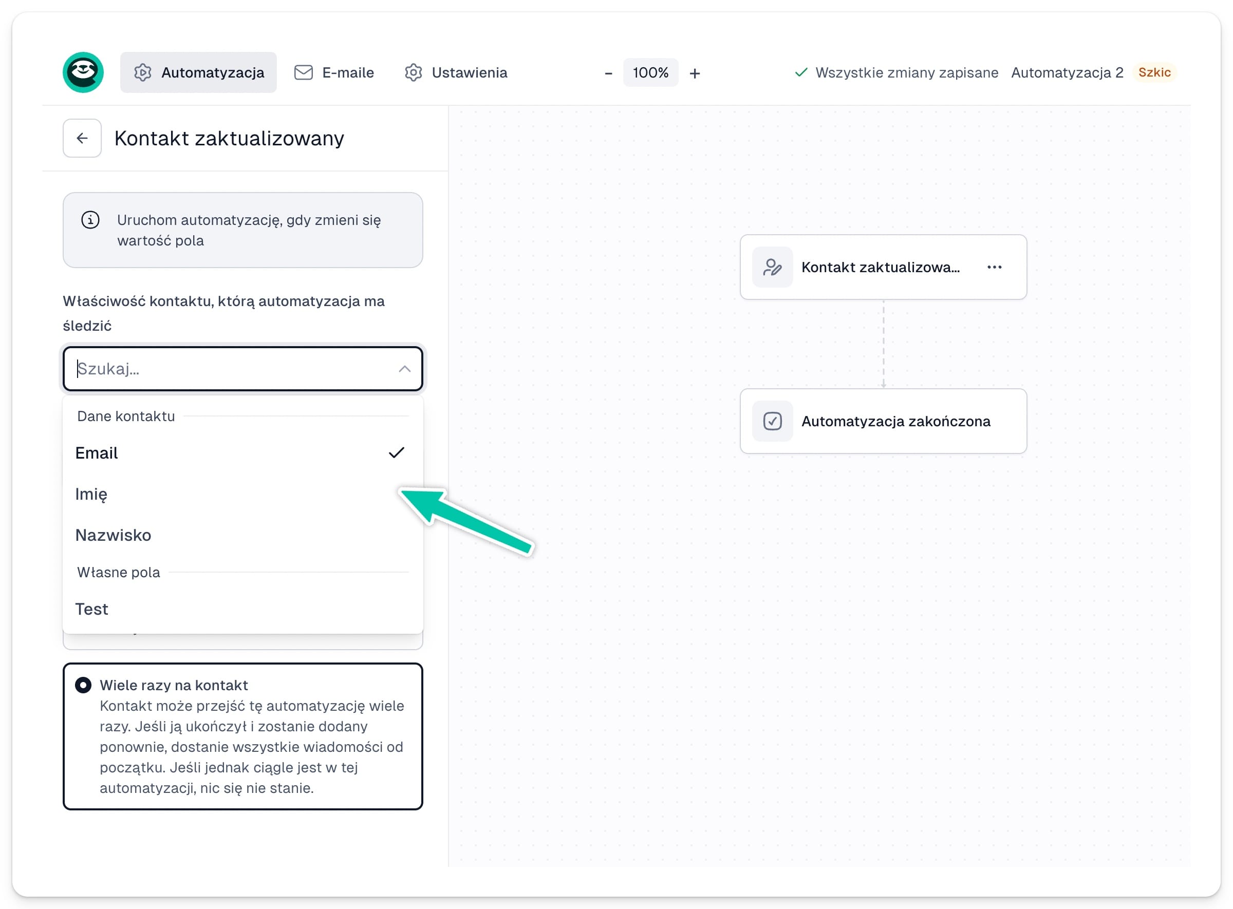 Wybór obserwowanych pól kontaktu
