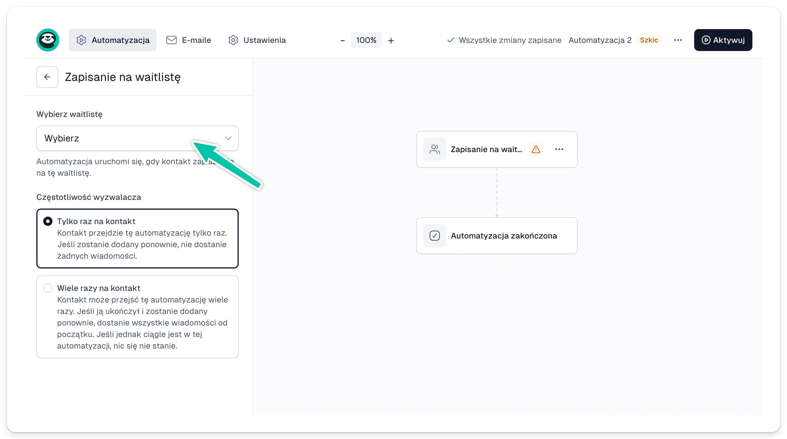 Ustawienia wyzwalacza zapisu na listę oczekujących