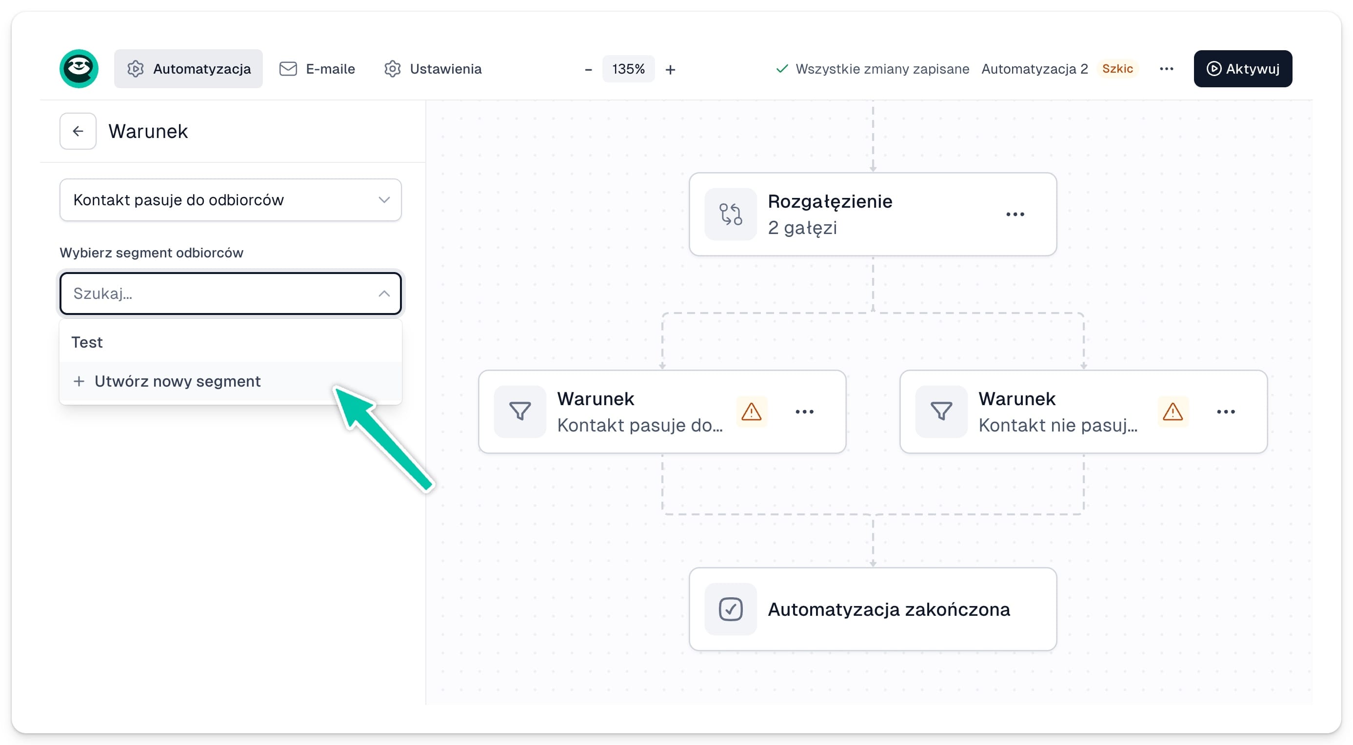 Warunek rozgałęzienia: kontakt pasuje do grupy odbiorców