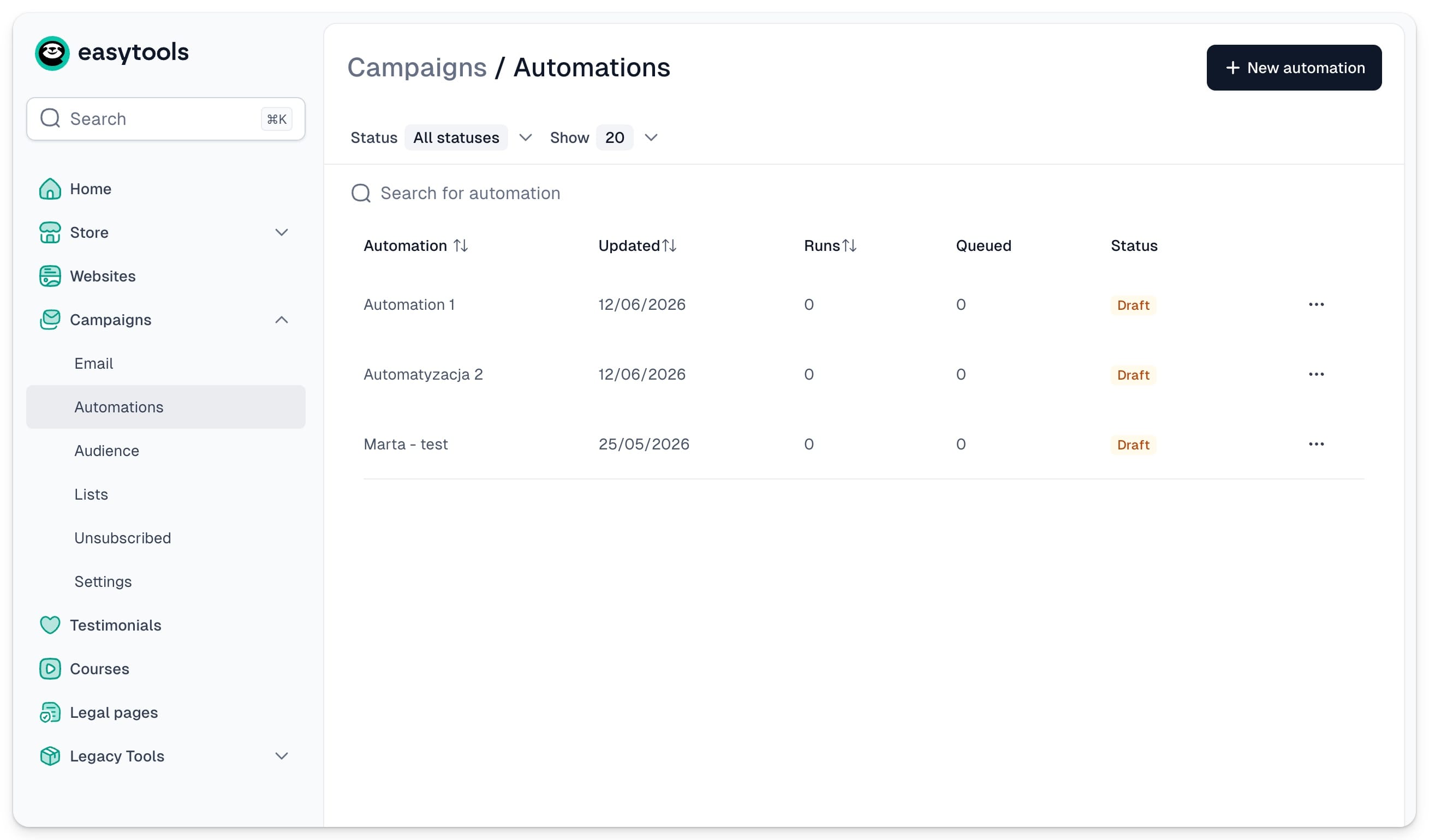 Automations dashboard in Easymail