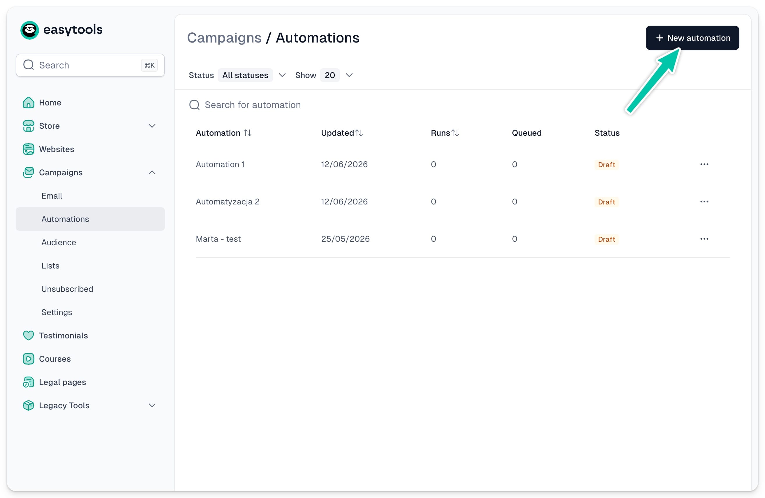 Creating a new automation in Easymail