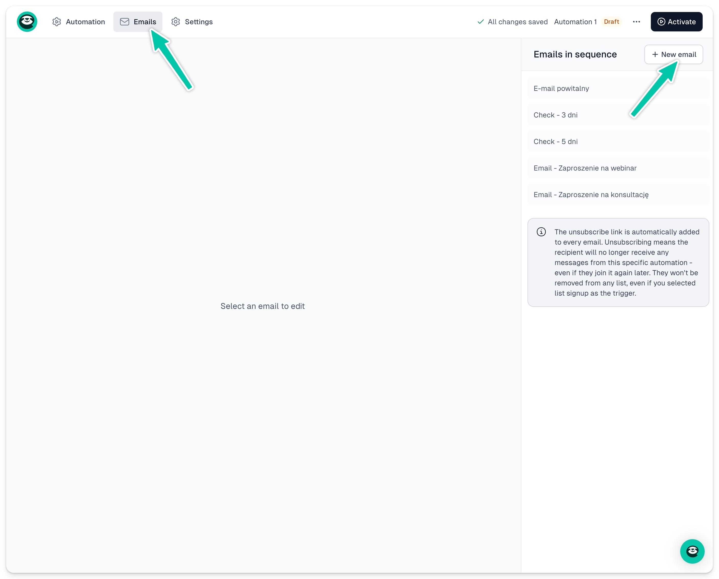 Emails tab in Easymail listing automated sequence emails