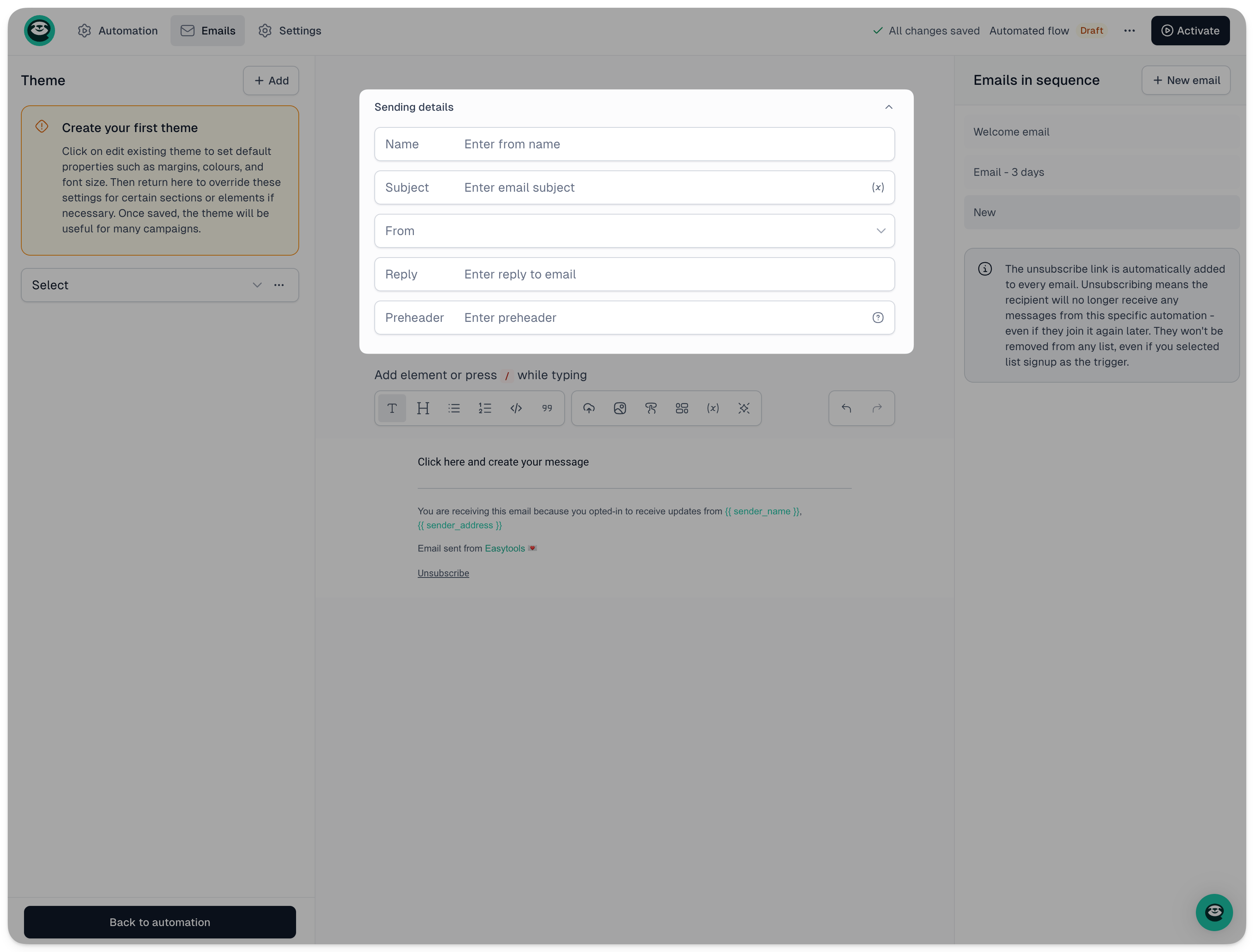 Automated email settings: subject, sender and content