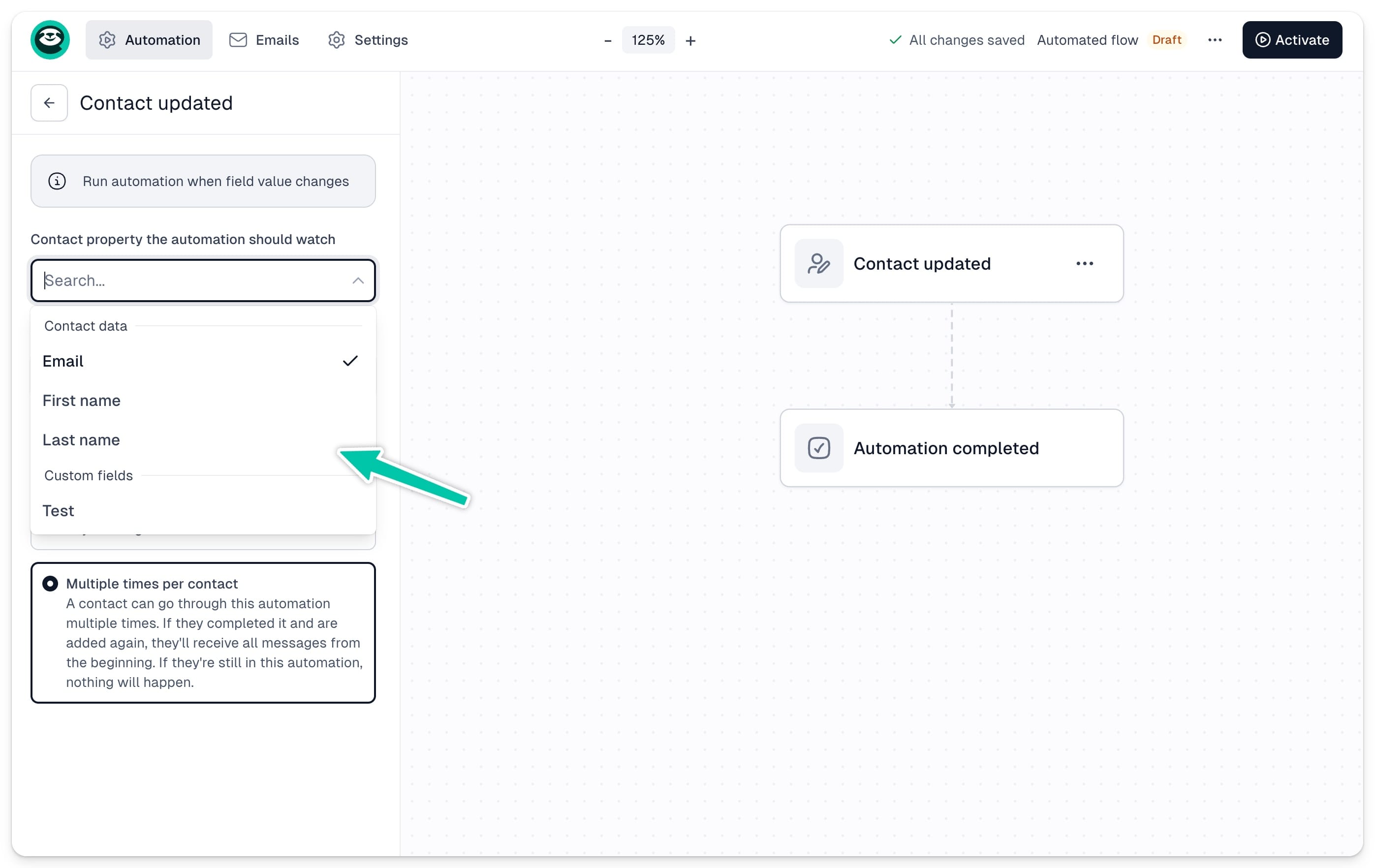 Choosing contact properties for the Contact updates trigger