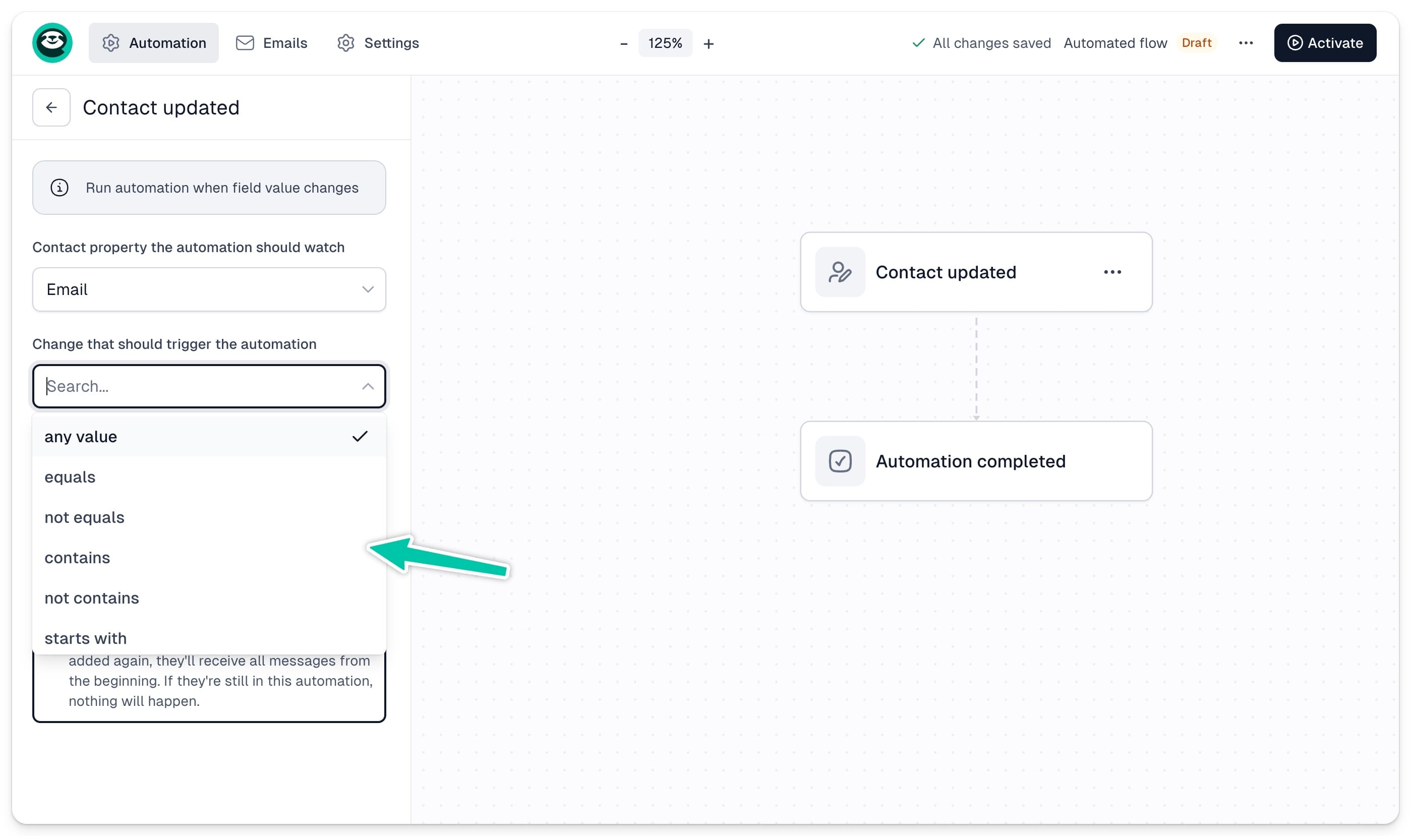 Setting property values that start the automation