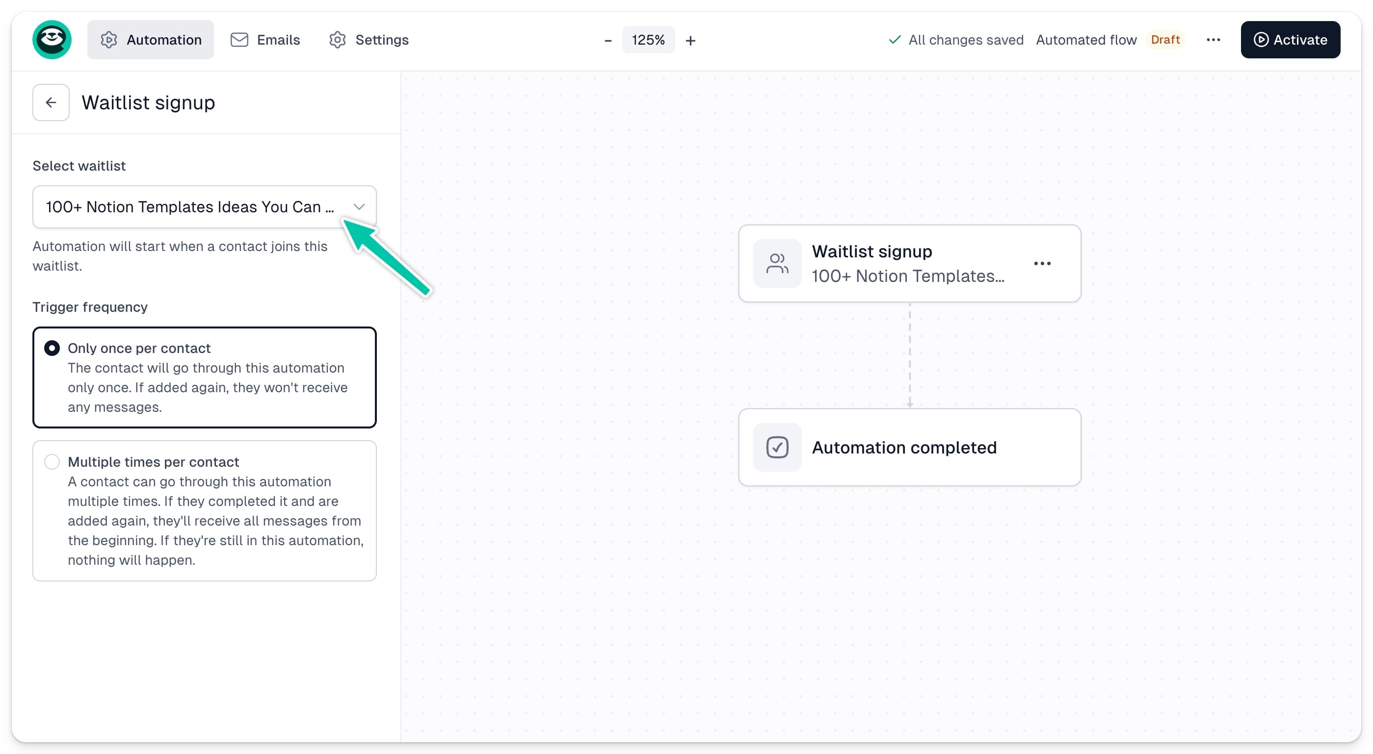 Waitlist signup trigger settings