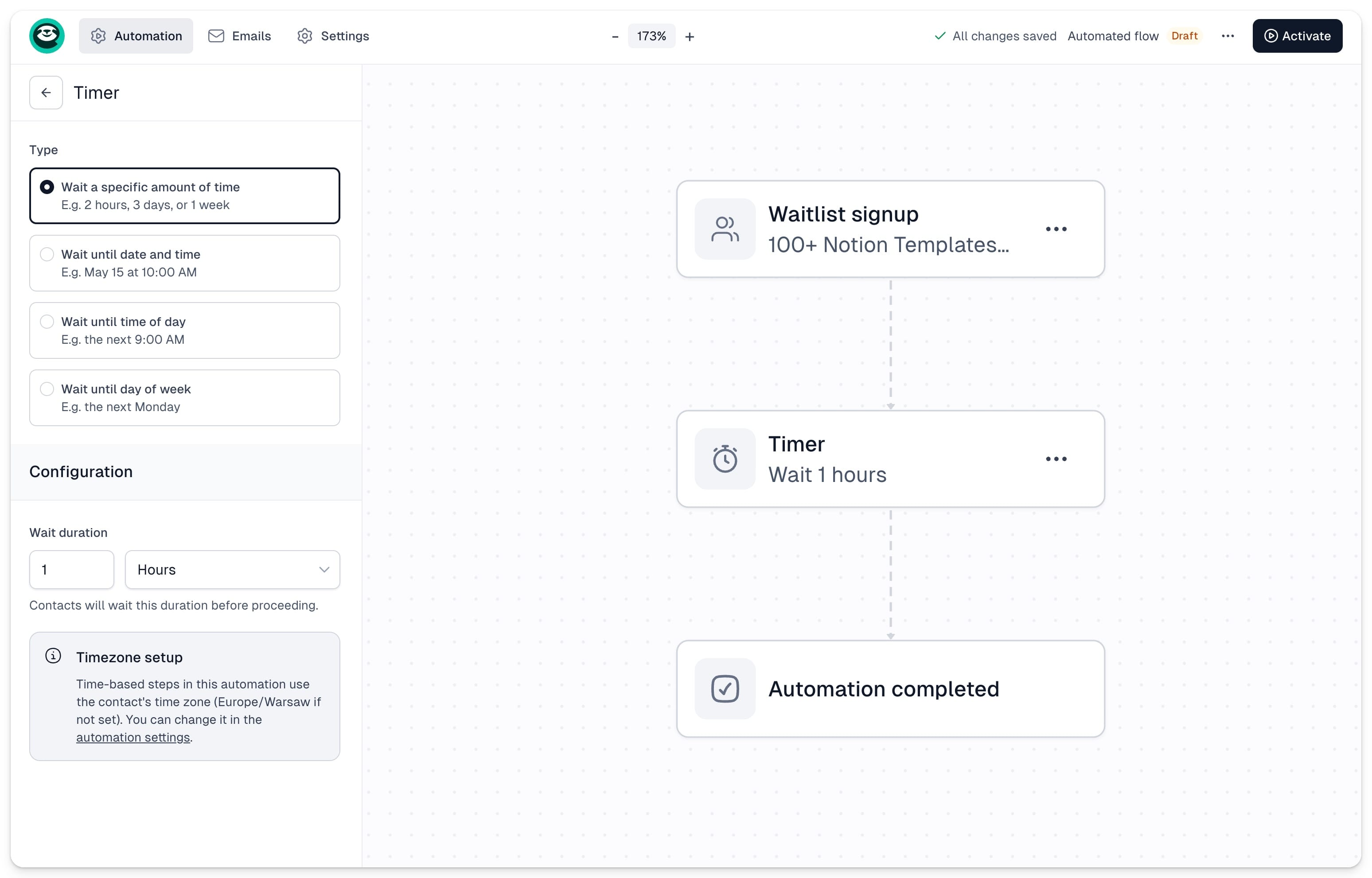 Timer step settings with delay duration options