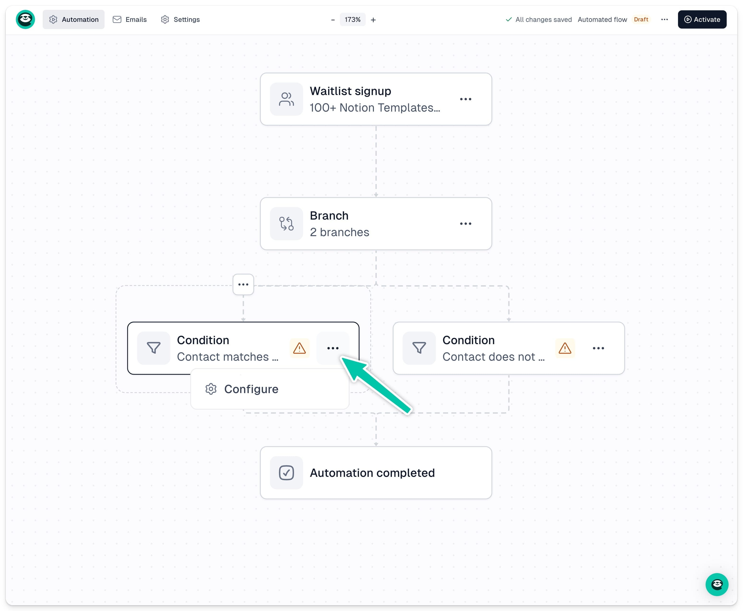 Branch step settings with condition details