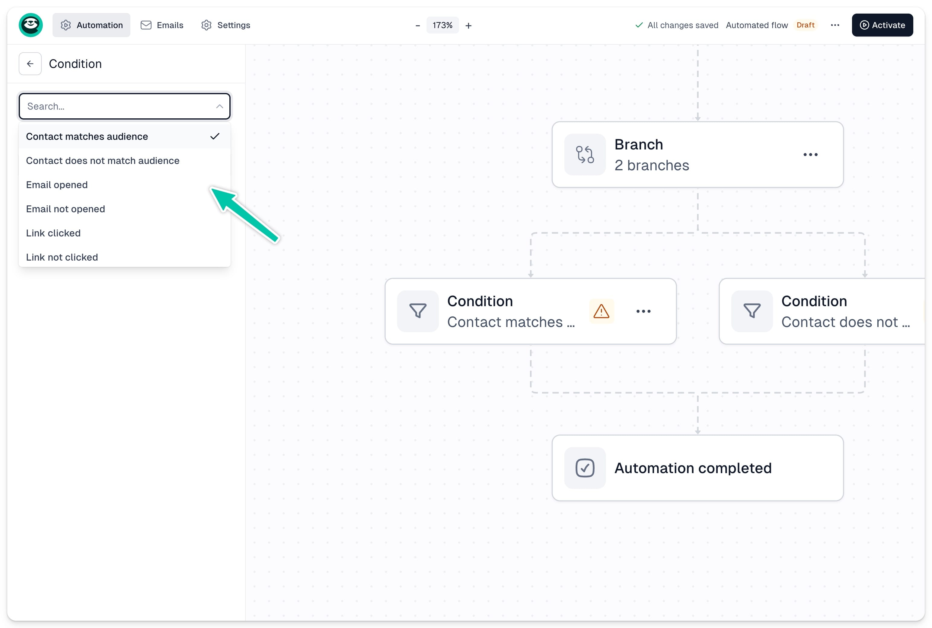 List of available branch conditions in Easymail