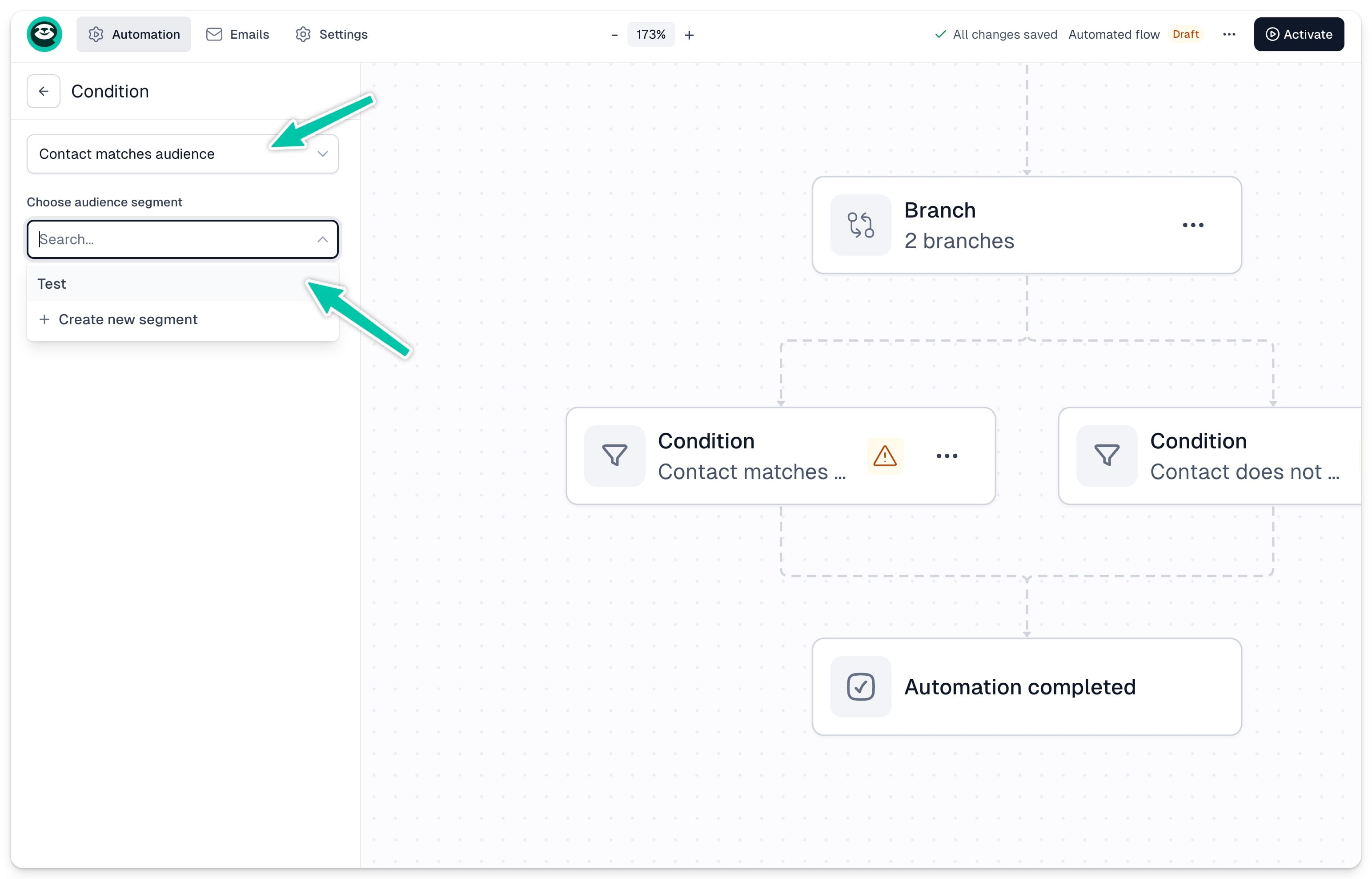 Contact matches audience branch condition settings