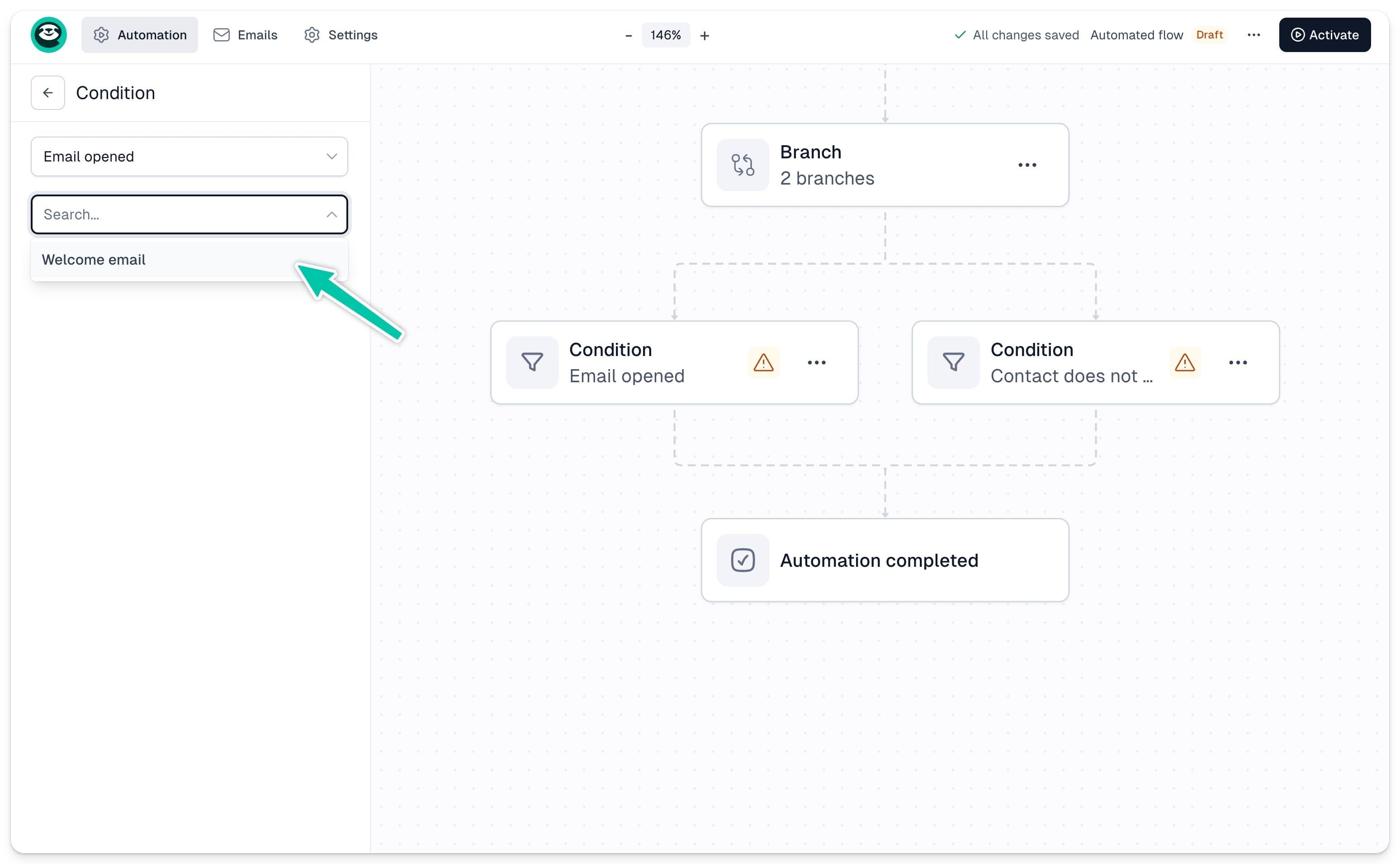 Email opened branch condition settings