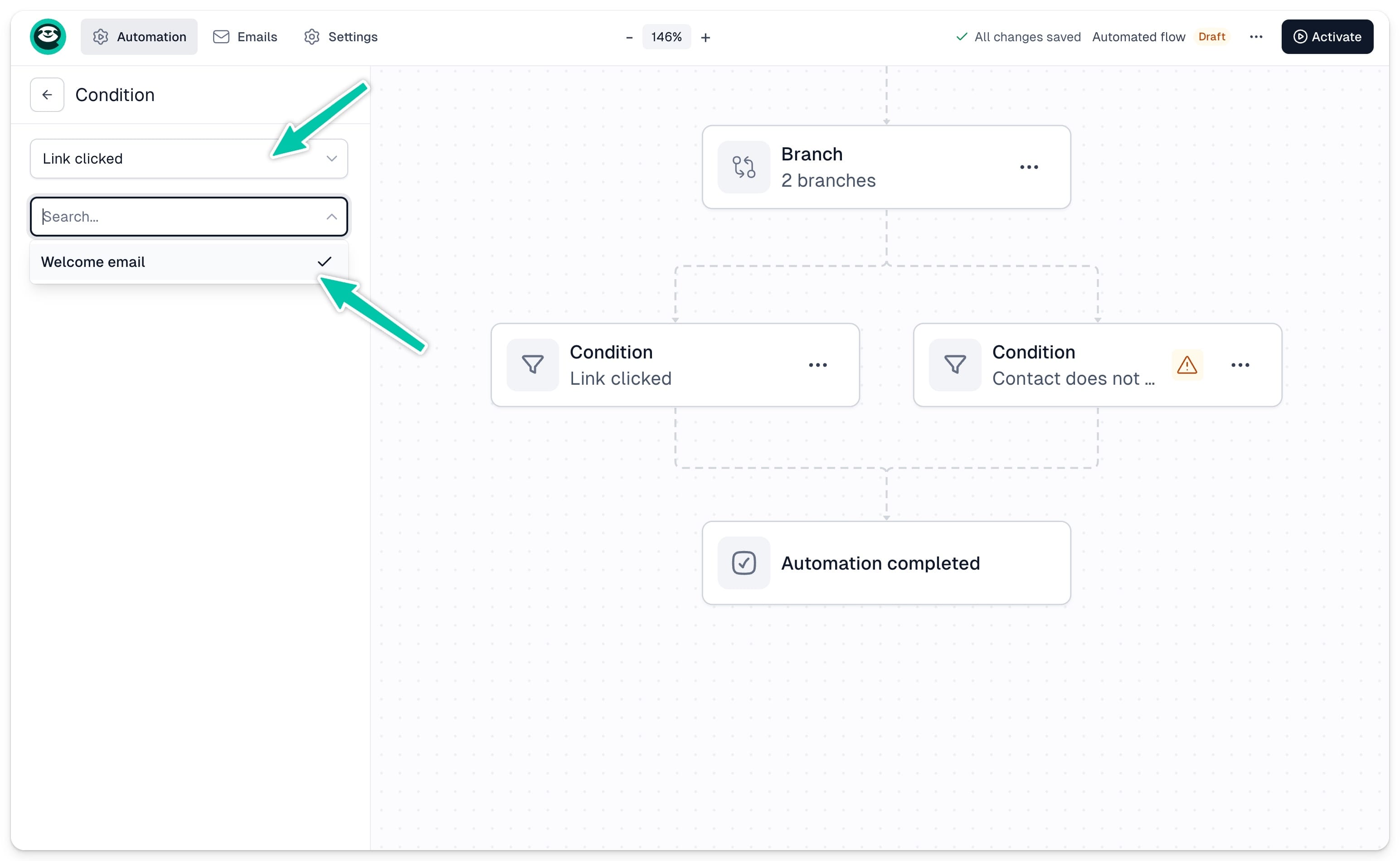Link clicked branch condition settings