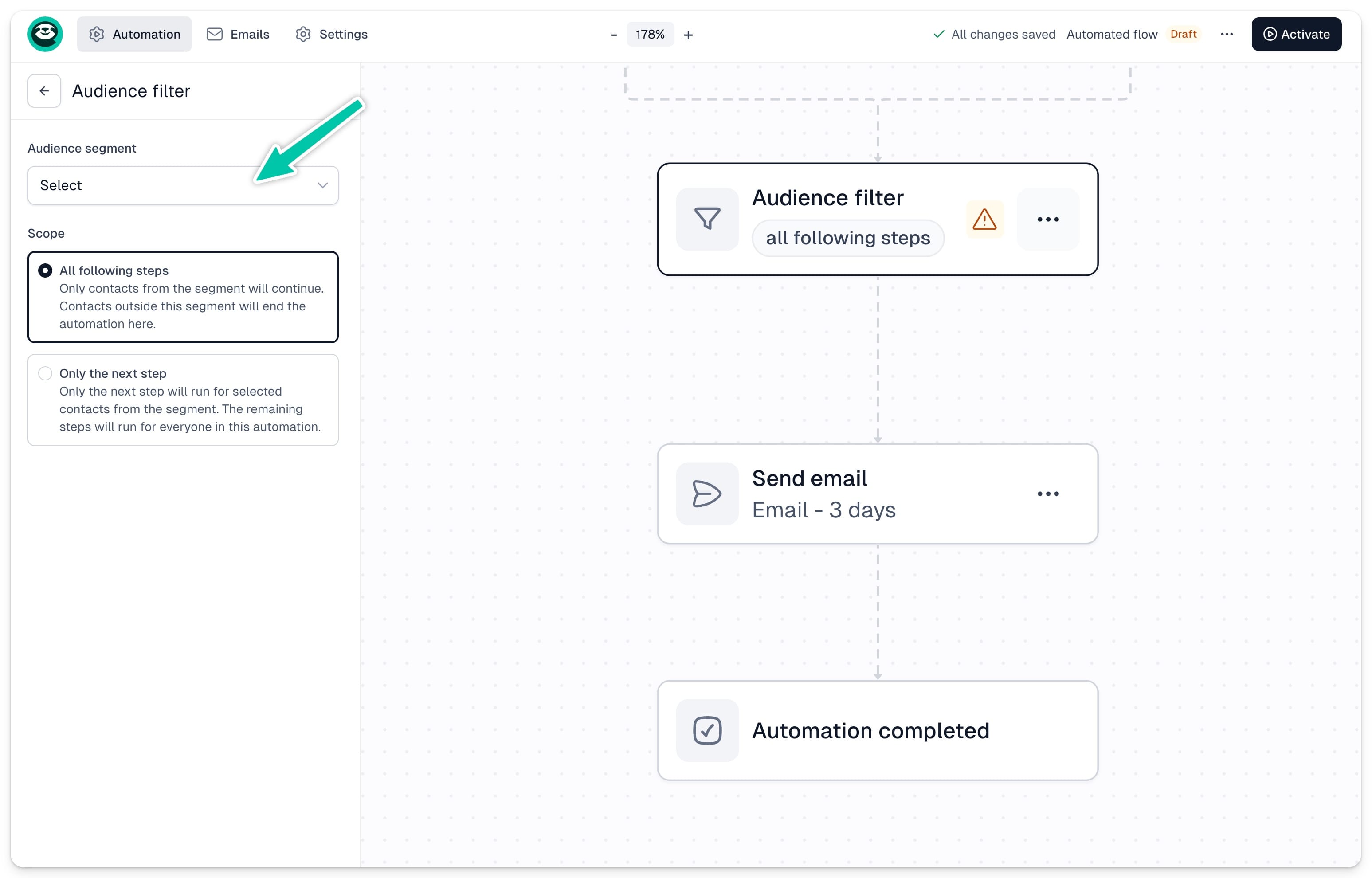 Audience filter step settings in the sequence editor