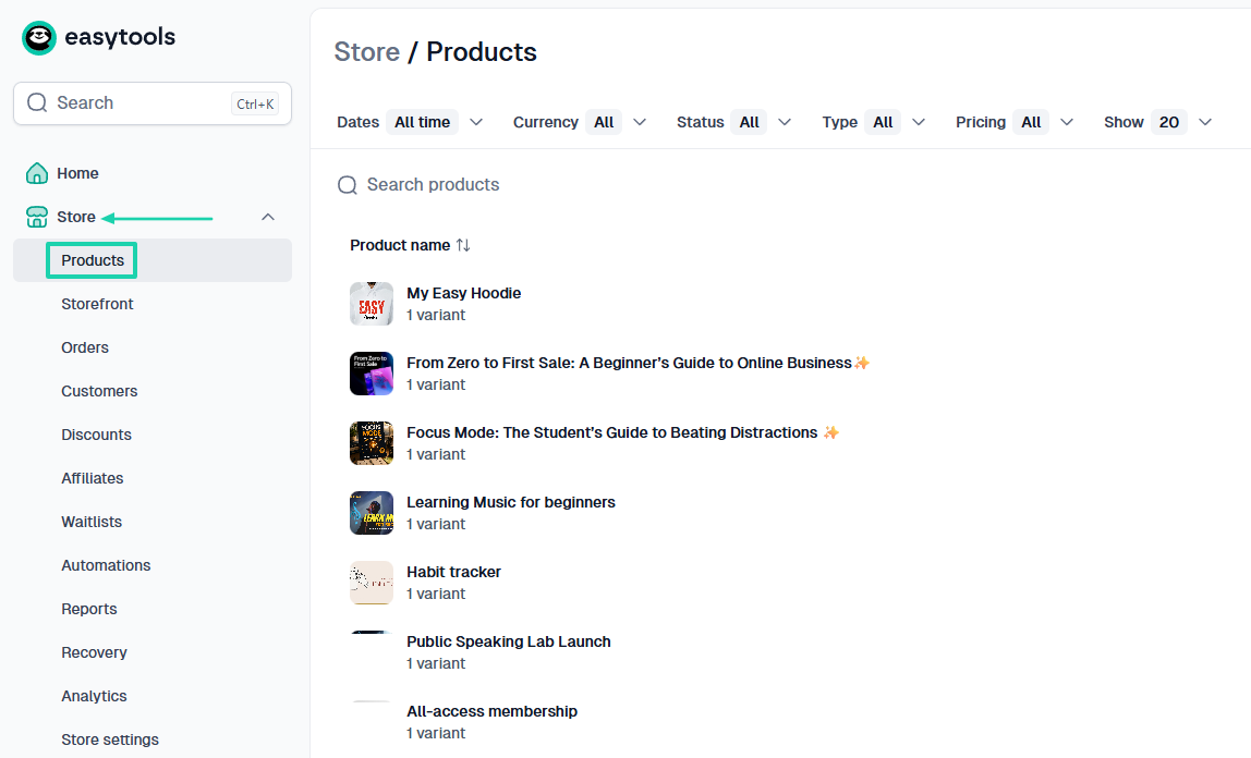 Easytools: store showing “Products” — digital product