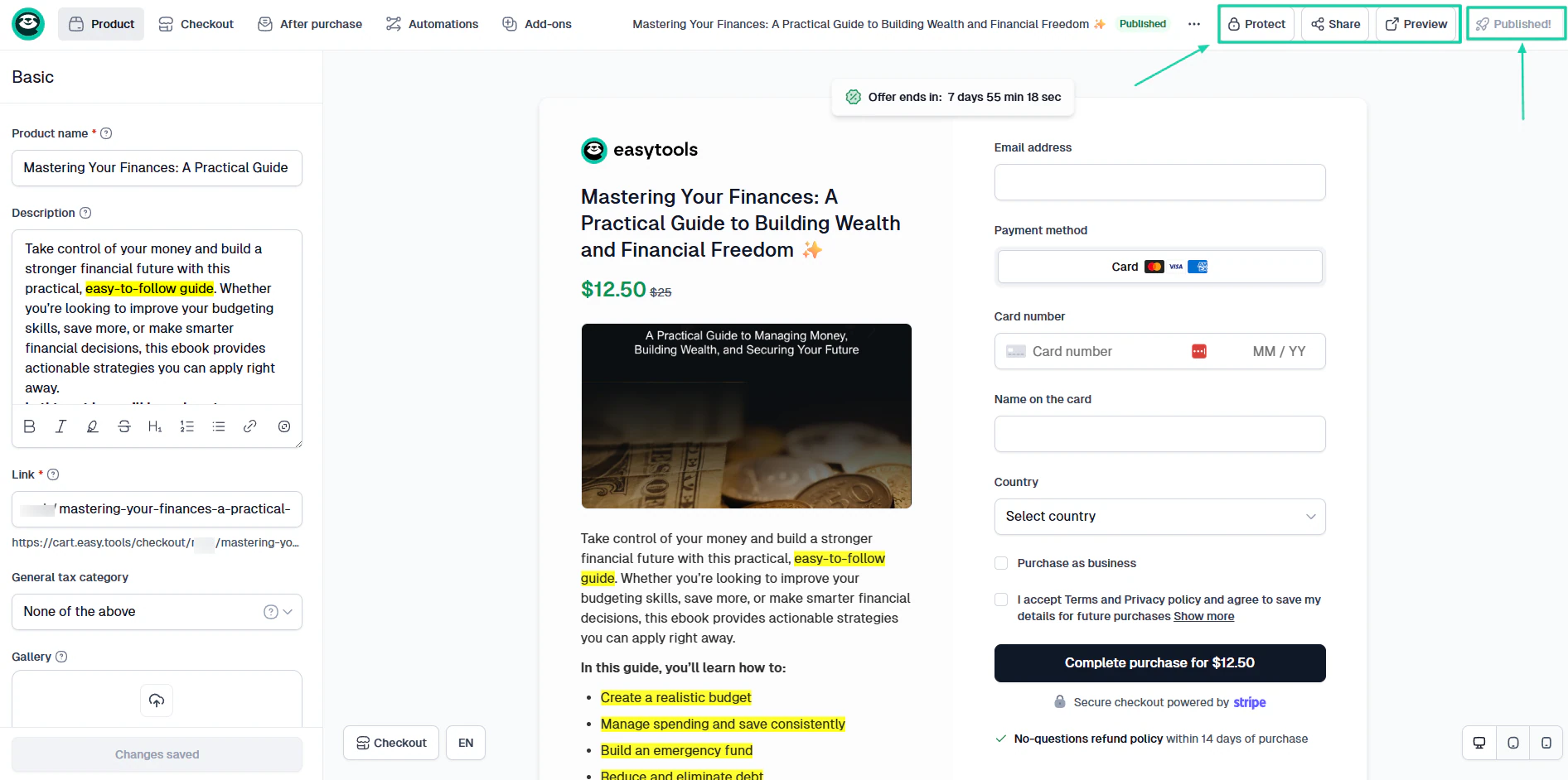 Easytools: Once you are done, you can protect your file, preview the checkout, hit “Publish,” and share the link.